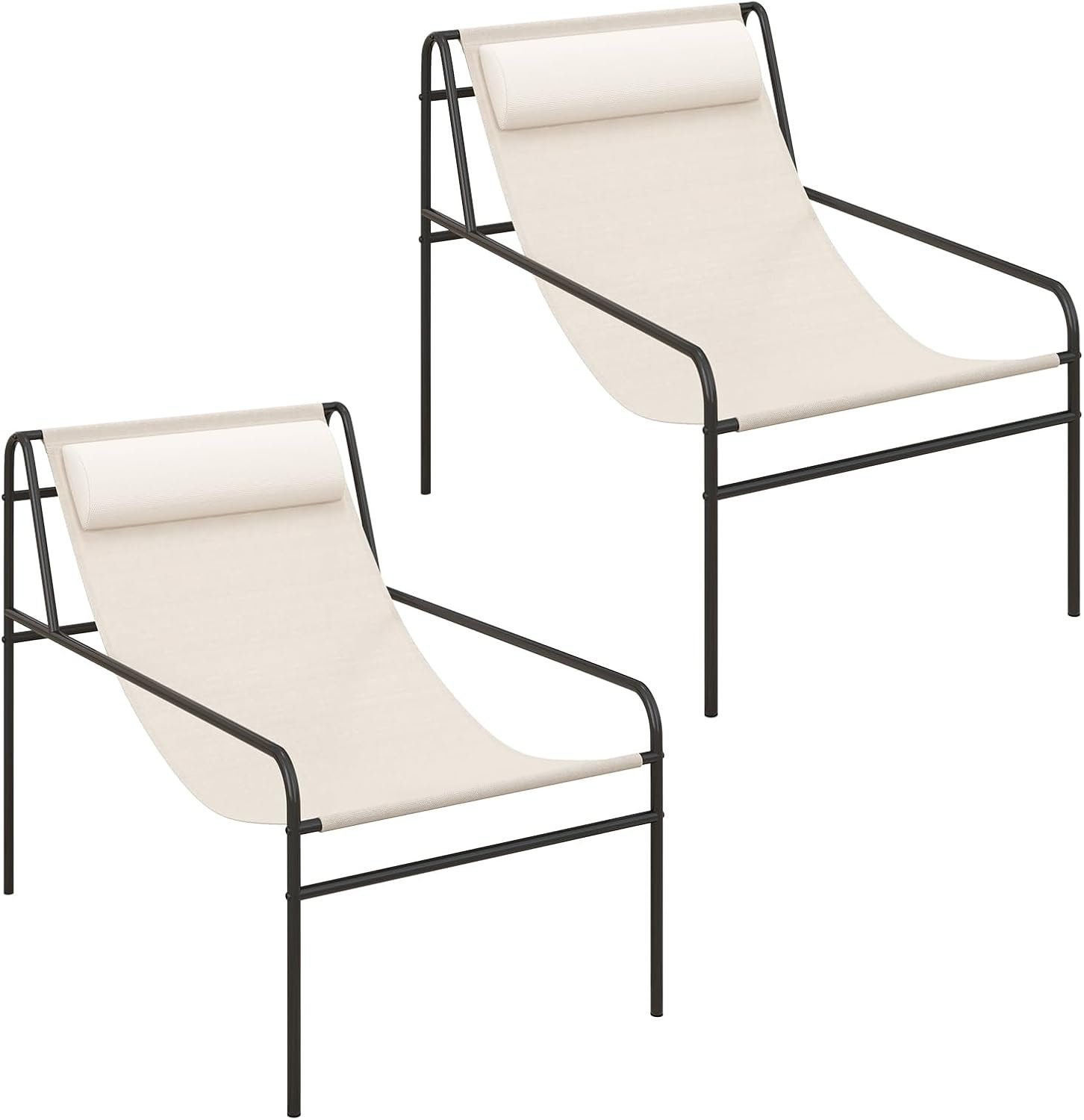 Giantex Patio Sling Lounge Chair Set of 2, Modern Sling Accent Chair with Removable Headrest Pillow, Heavy-Duty Metal Frame, Breathable Seat Fabric, Leisure Chair for Indoor Outdoor, 350 lbs Max Load