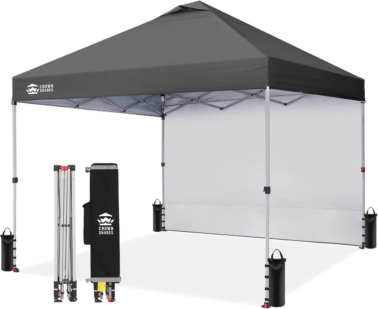 CROWN SHADES 10×10 Pop Up Canopy with 1 Side Wall, Beach Tent, Grid Grey | One Push Setup Shelter, Outdoor Gazebo & Sun Shade for Events, Parties, Camping, 150D Silver-Coated Fabric, STO-N-Go Bag
