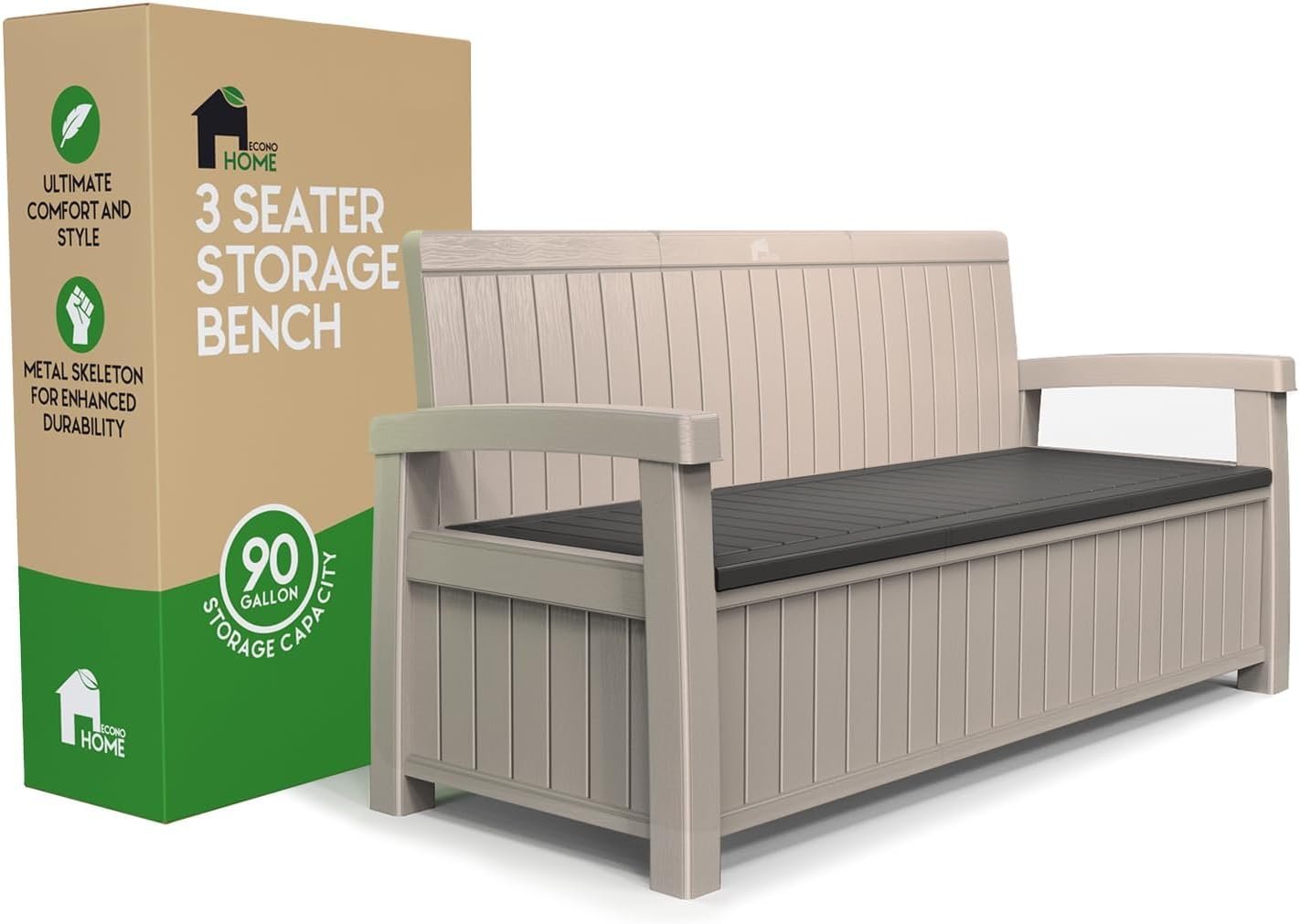EconoHome 3 Seat Outdoor Storage Bench – 90 Gallon Capacity – Weatherproof Resin Bench for Patio, Porch, Garden, Yard, Pool Area – Furniture for Pool Accessories, Gardening Tools, Toys