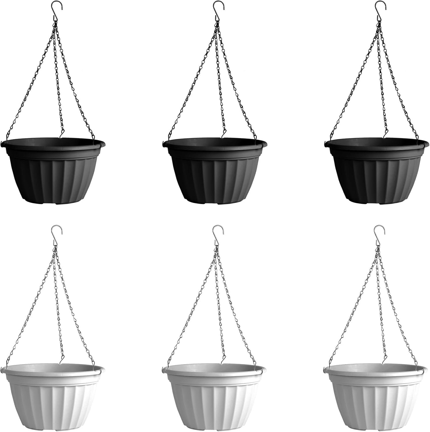FGstyle 6 Pack Hanging Planters 10 Inch(Black & White),Self Watering Pots for Indoor Plants,Plastic Hanging Basket with Soil Elevator and 20″ Chain for Home Garden Porch Balcony Patio Decor