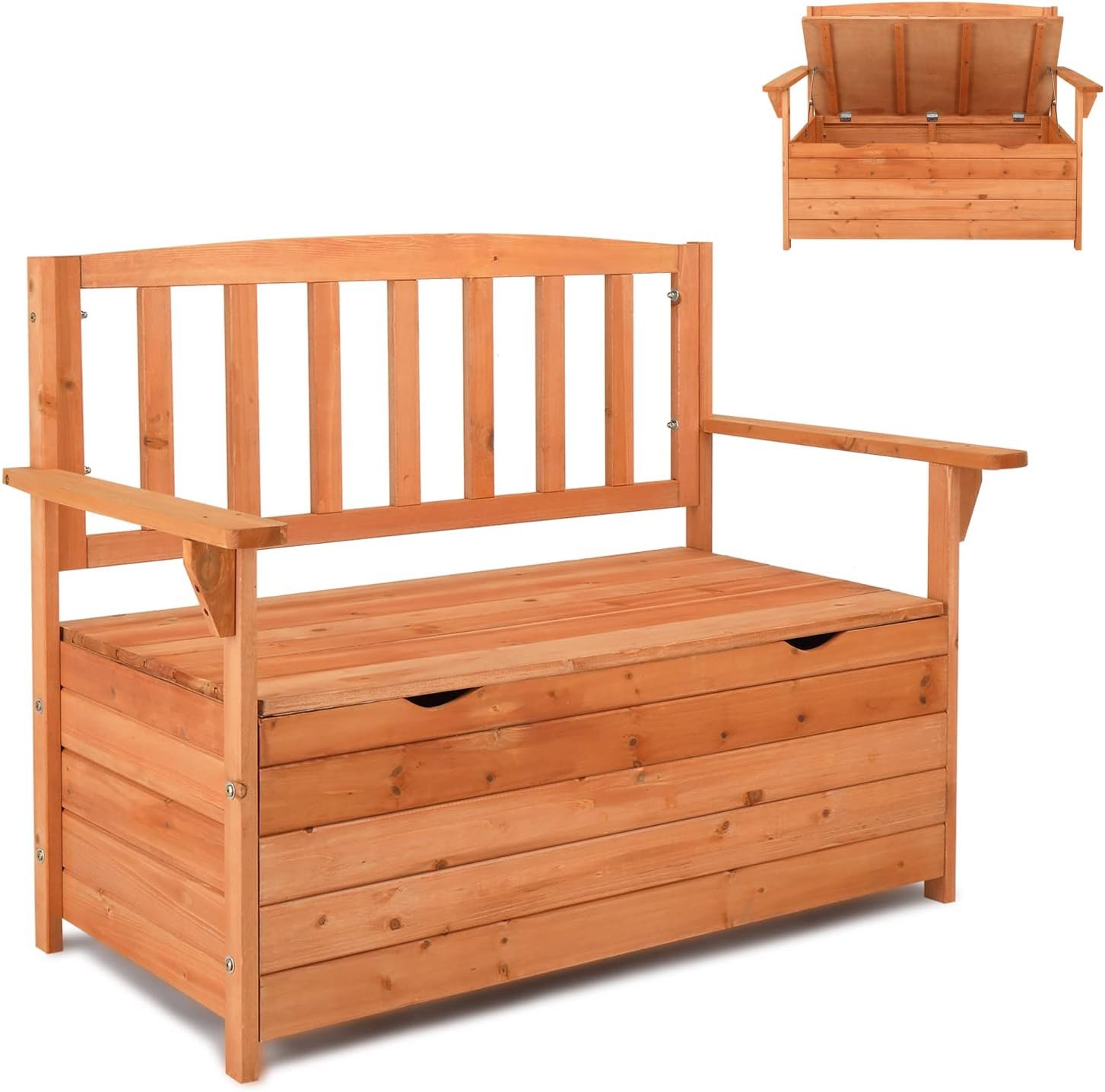 Outvita Outdoor Wood Storage Bench, Deck Box Loveseat, Natural | Waterproof Patio Organizer Provides Seating and Storage for Garden, Porch, Deck, Backyard, or Poolside