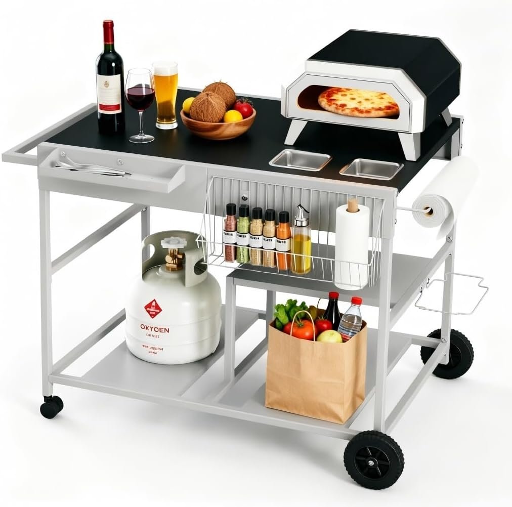 JY QAQA 54″ Outdoor Pizza Oven Cart, Grill Table Workstation with Prep Station & Wheels, Fits Blackstone Griddle Ninja Woodfire Grill for Patio Backyard