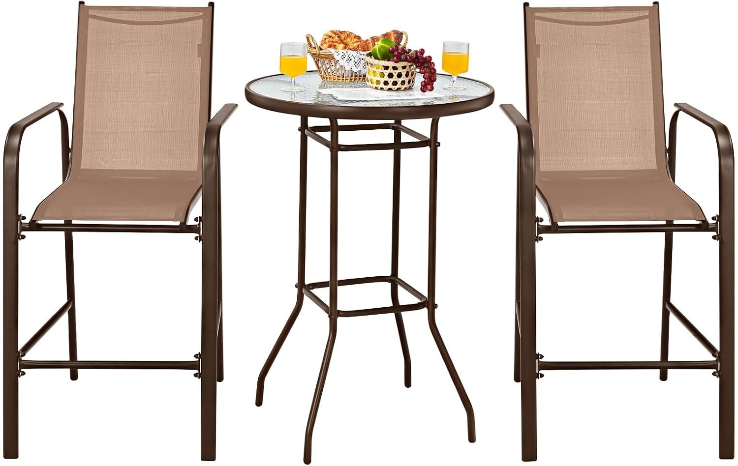 Tangkula 3 Pieces Outdoor Patio Bar Set, Outdoor Bistro Set with 2 Bar Stools and 1 Tempered Glass Bar Table, Bar Height Patio Table and Stools Set for Backyard, Garden, Lawn (Coffee) | Tempered Glass Bar Height Table | Ergonomic Design | 330 LBS Heavy Duty | Simple Style for Patio, Garden, Backyard, Porch