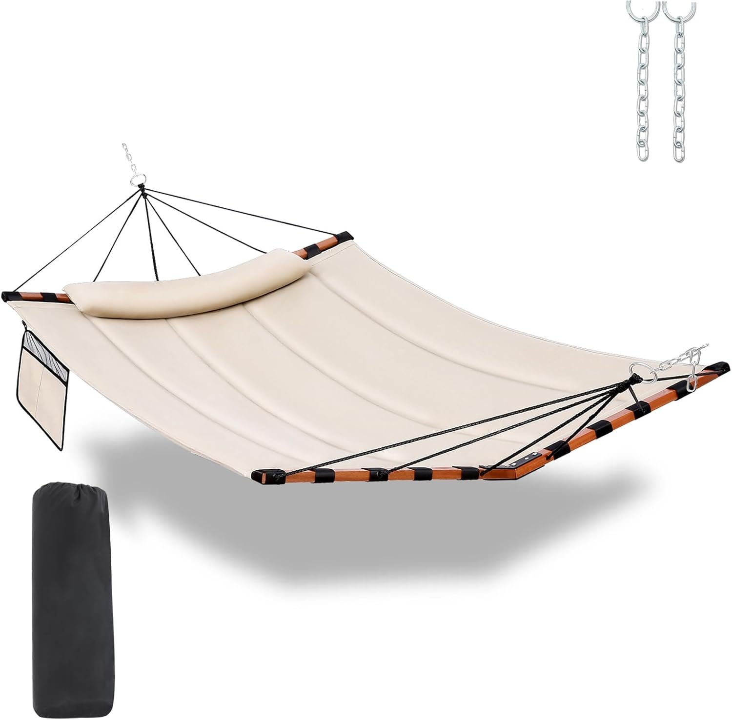 TegerDeger 12FT 2 Person Hammock with V Shaped Hardwood Spreader Bar & Nylon Rope for Outside, Patio, Garden, Backyard, Beach, Poolside, 450LB Capacity, 55in x 79in – Beige