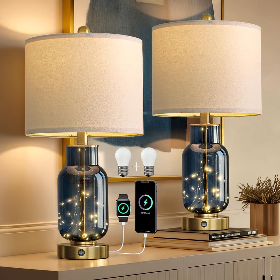Oneach 22″ Glass Table Lamps Set of 2, Blue Modern Bedside Lamp with LED Night Light for Living Room, Nightstand Lamp with USB Ports for Bedrooms, Study Room, End Table(2 Bulbs Included)