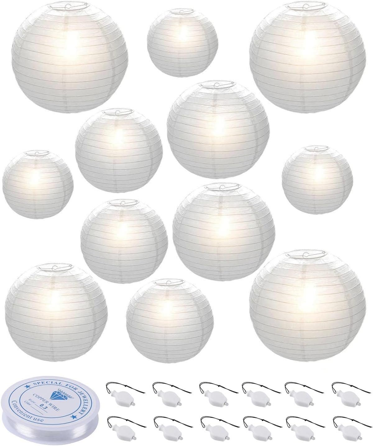 HAUSPROFI 12pcs White Paper Lanterns with LED Lights, Chinese Hanging Lanterns (6″ 8″ 10″ 12″) with Fishing Line, Paper Lanterns Decorations for Wedding Birthday Party Bridal Shower Home Outdoor Decor