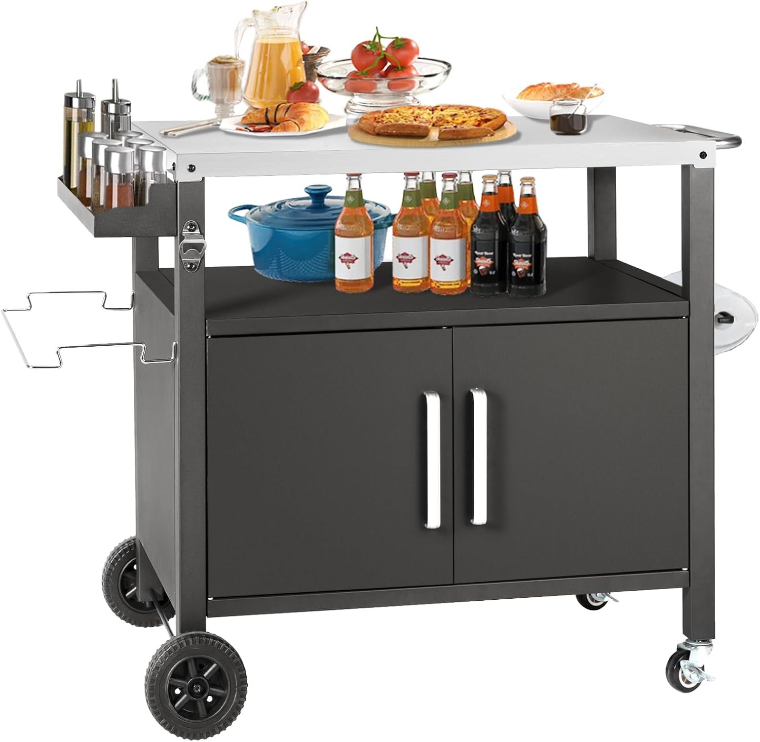 Kendane Grill Cart Table with Big Storage Cabinet, Movable Outdoor Dining Cart Pizza Oven Stand, Kitchen Cart Island Multifunction Food Prep Table Stainless Steel Surface