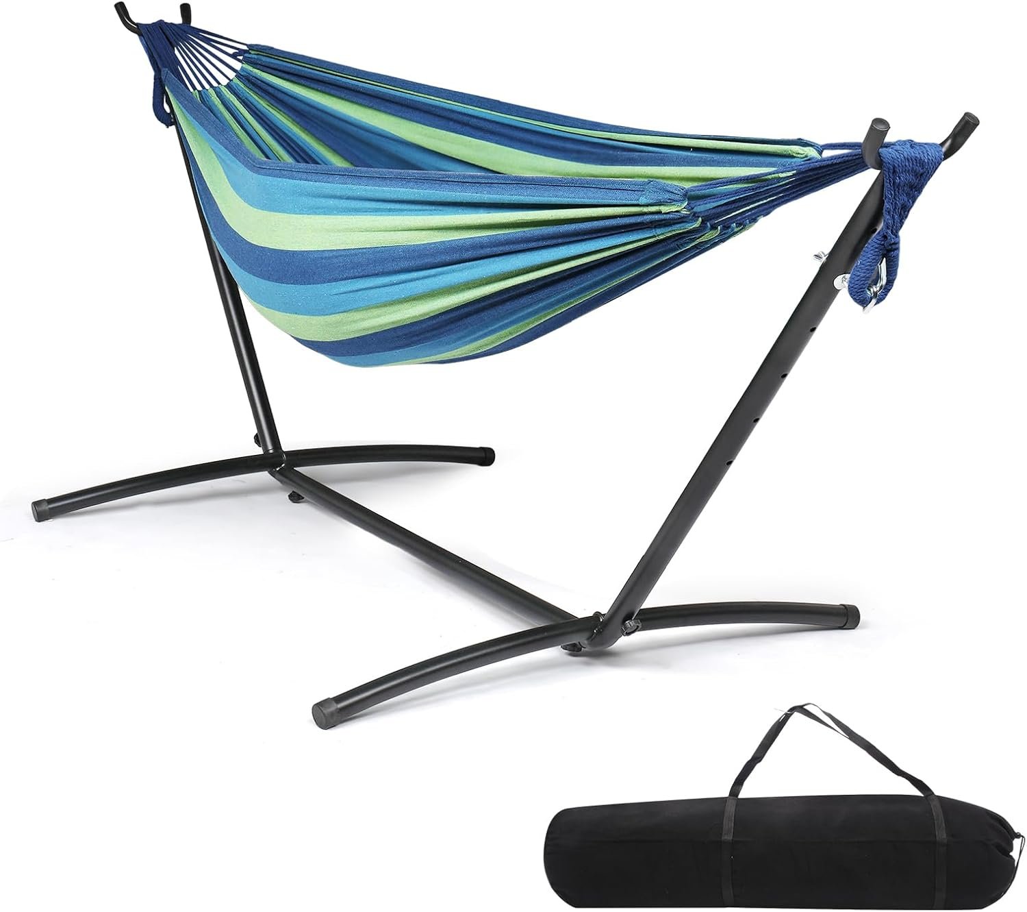ONCLOUD 550 LBS Capacity Double Hammock with Stand Included with Portable Carrying Bag, Heavy Duty 2-Person Hammock for Outdoors & Indoors – Desert Stripe, Series TDCTZ1 – Blue Green Stripe