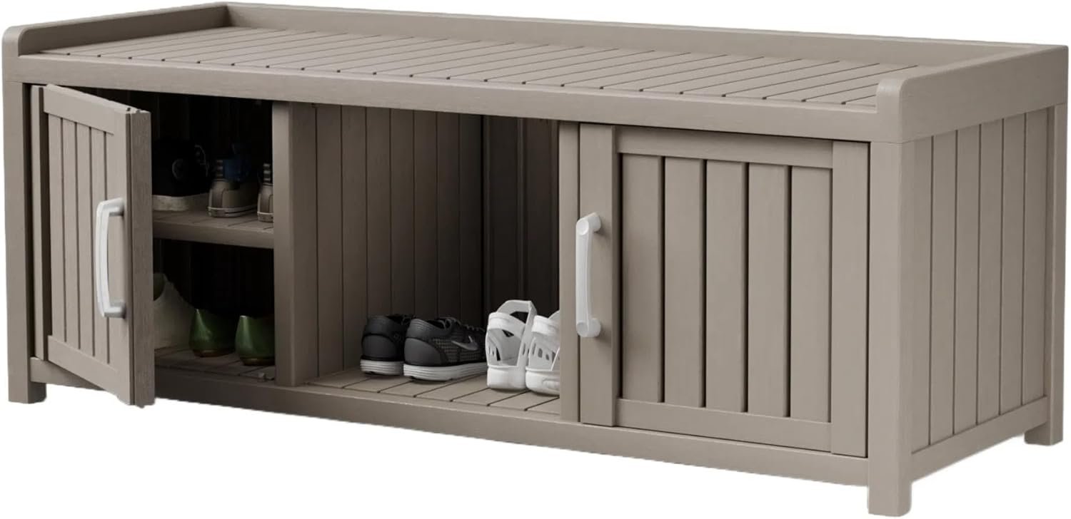Storage Bench – Waterproof Resin Shoe Bench with Adjustable Shelves – Indoor & Outdoor Use, 2 Doors Entryway Bench with Hidden Storage Space – Storage Cabinet for Bedroom, Hallway, Grey