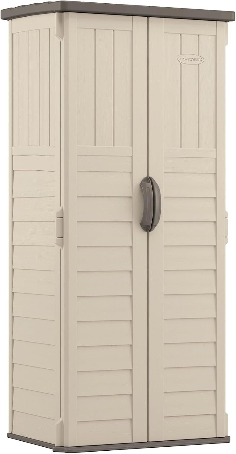 Suncast Vertical Outdoor Storage Shed with All-Weather Construction, Vanilla