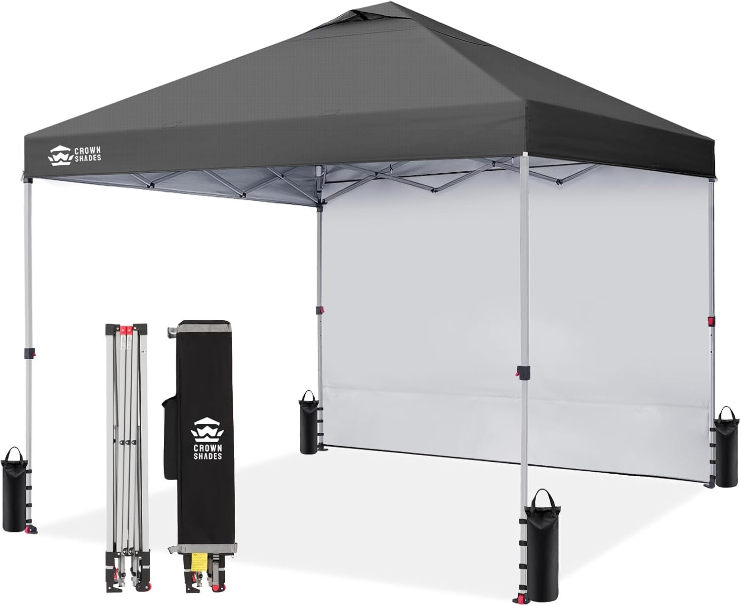CROWN SHADES Pop Up Canopy with 1 Side Wall – Beach Tent with One Push Setup – Outdoor Sun Shade for Events, Parties, Camping – Gazebo with STO-N-Go Cover Bag, Grid Grey, 12x12FT