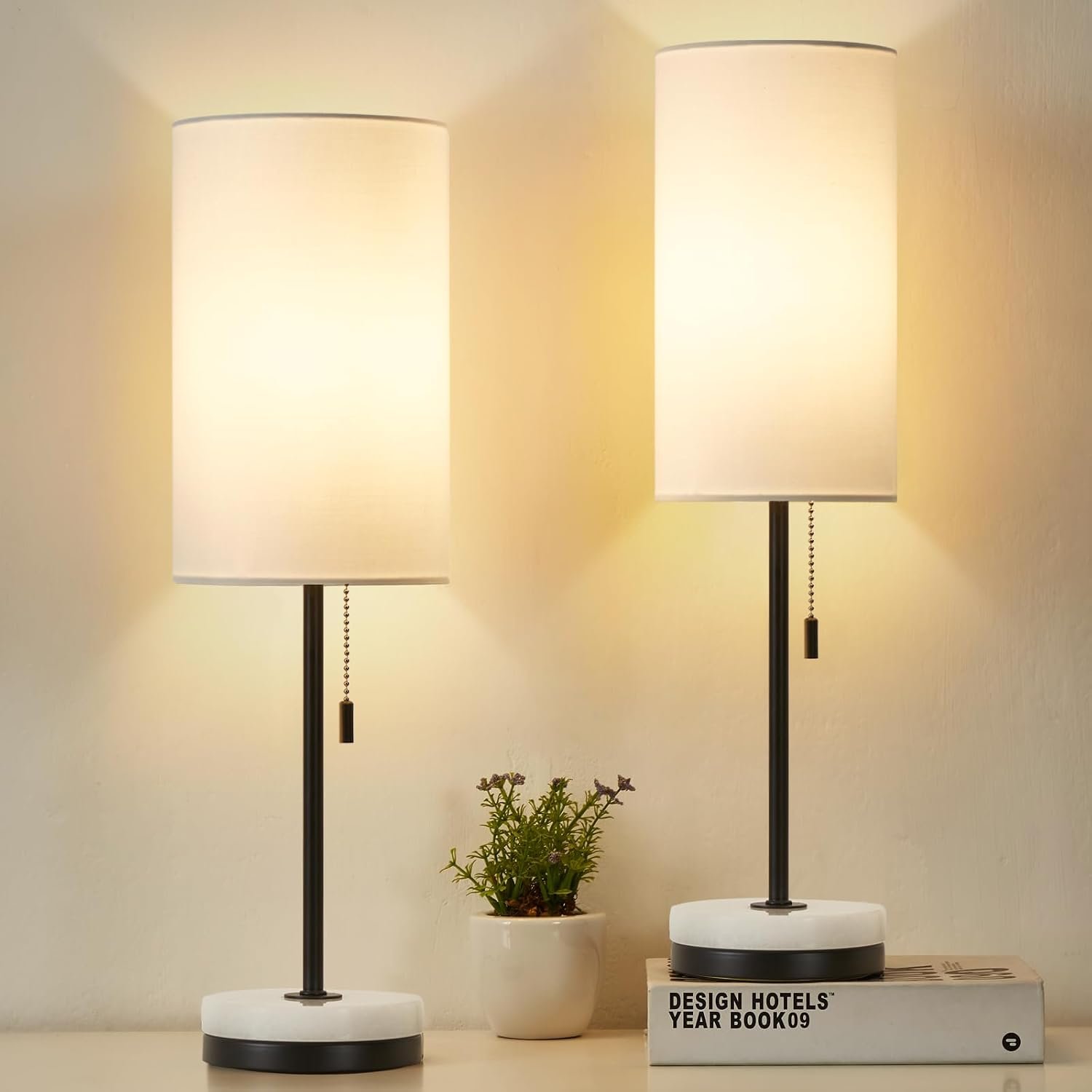 Luvkczc 18″ Minimalist Table Lamp Set of 2, Nightstand Lamp for Bedroom Living Room, Modern Pull Chain Bedside Lamp with Marble Base, Fabric Shade, Small Desk Lamp for Home, Office, Reading
