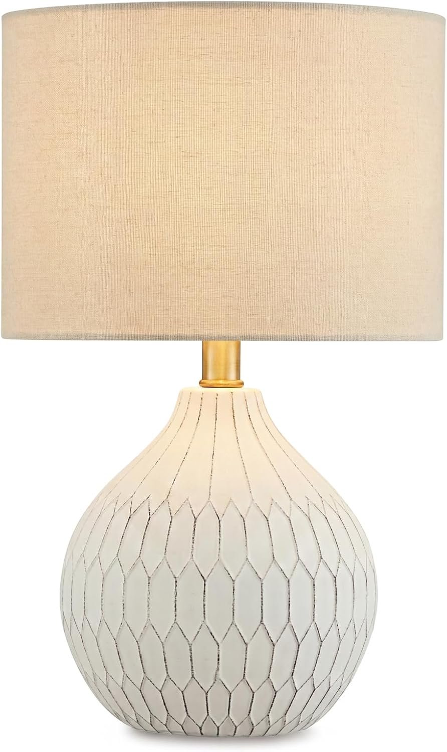 Signature Design by Ashley Wardmont Table Lamp, Compact Bedside Lamp for Nightstand, Retro Dimensional Base with Drum Shade, Antique White Ceramic, 18″ H