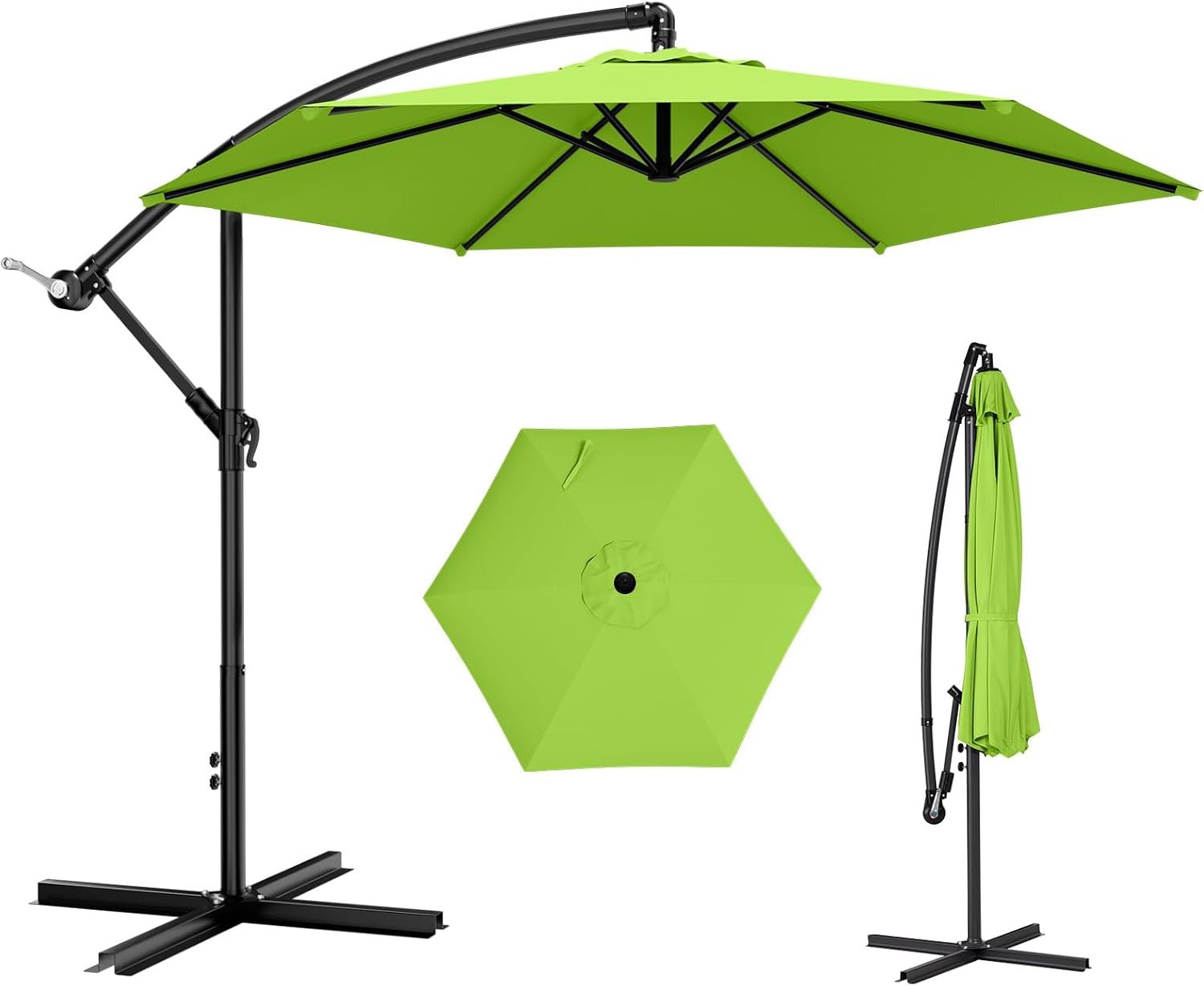 AreShark 10FT Patio Outdoor Umbrella, Offset Patio Umbrella Cantilever Umbrella, 6 Sturdy Ribs, Easy Adjustment for Garden Market Pool with Cross Base (Apple Green)