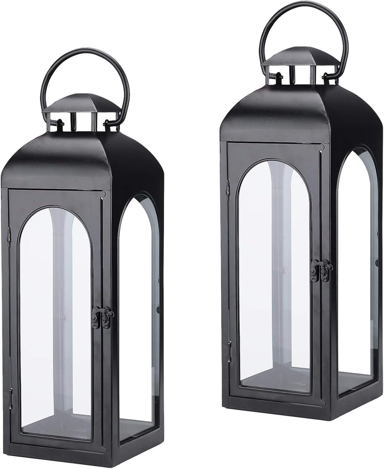Bdor 2 Pack Luxury Black Metal Lanterns – 16″ Tall Modern Hurricane Candle Lanterns with Tempered Glass Panels for Front Porch, Tabletop, Mantel, Wall Hanging, Garden, Indoor & Outdoor Décor