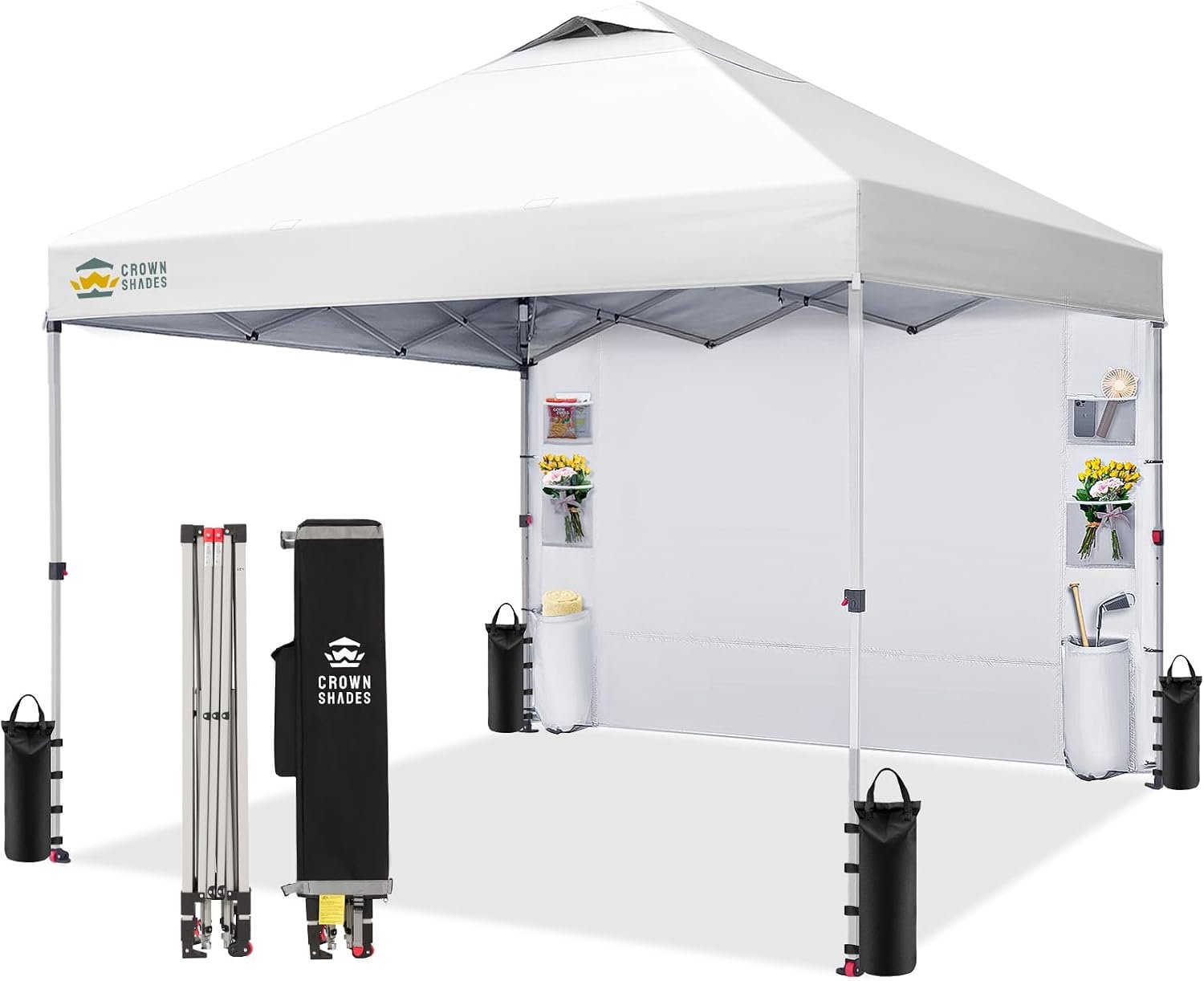 CROWN SHADES Canopy Tent 10×10 Pop Up Canopy with Side Pockets, Grid White | Pop Up Tent Shelter with One Person Set Up Center Lock, Portable Instant Camping Beach Canopy Tents
