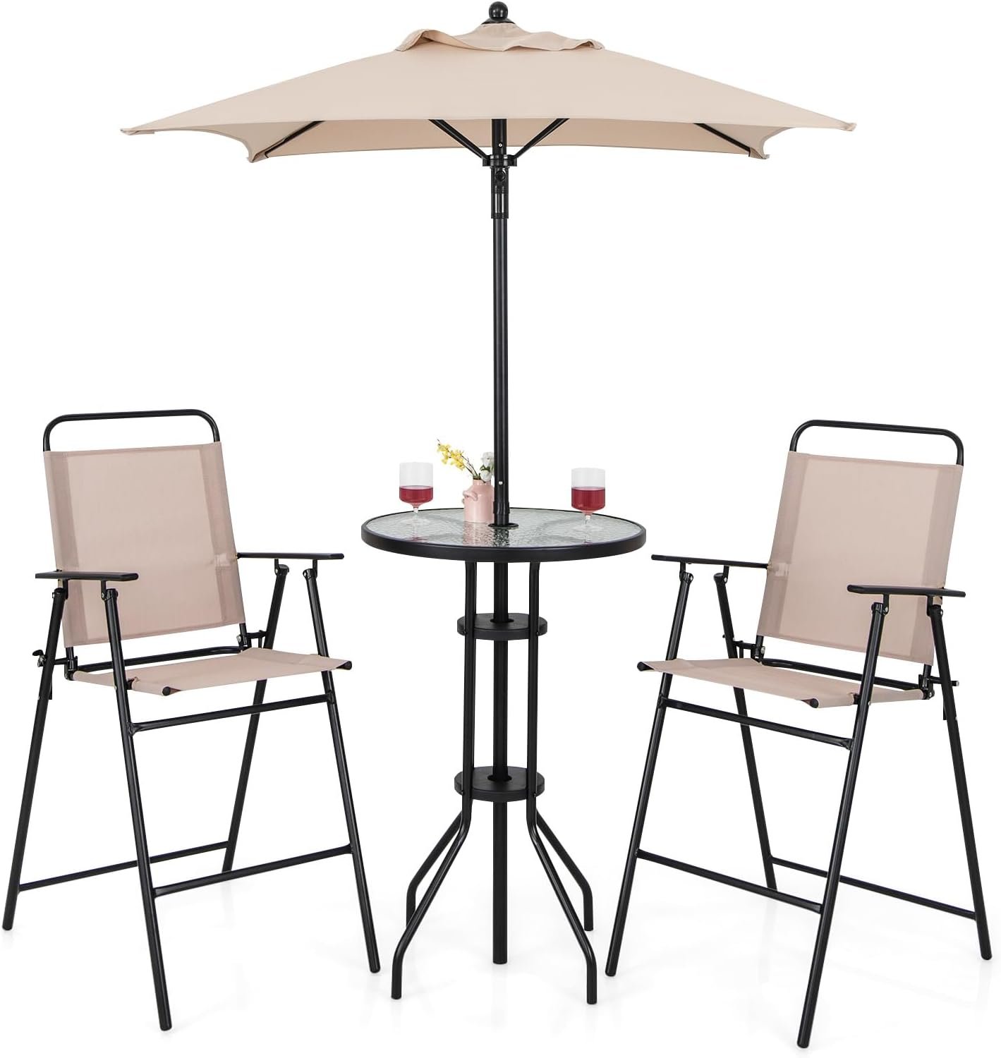 Giantex 4-Piece Outdoor Bar Set, Round High Top Bar Table with 2 Folding Counter Height Chairs & Umbrella, Patio Bistro Table Set with Tempered Glass Top for Garden Porch Poolside, Beige