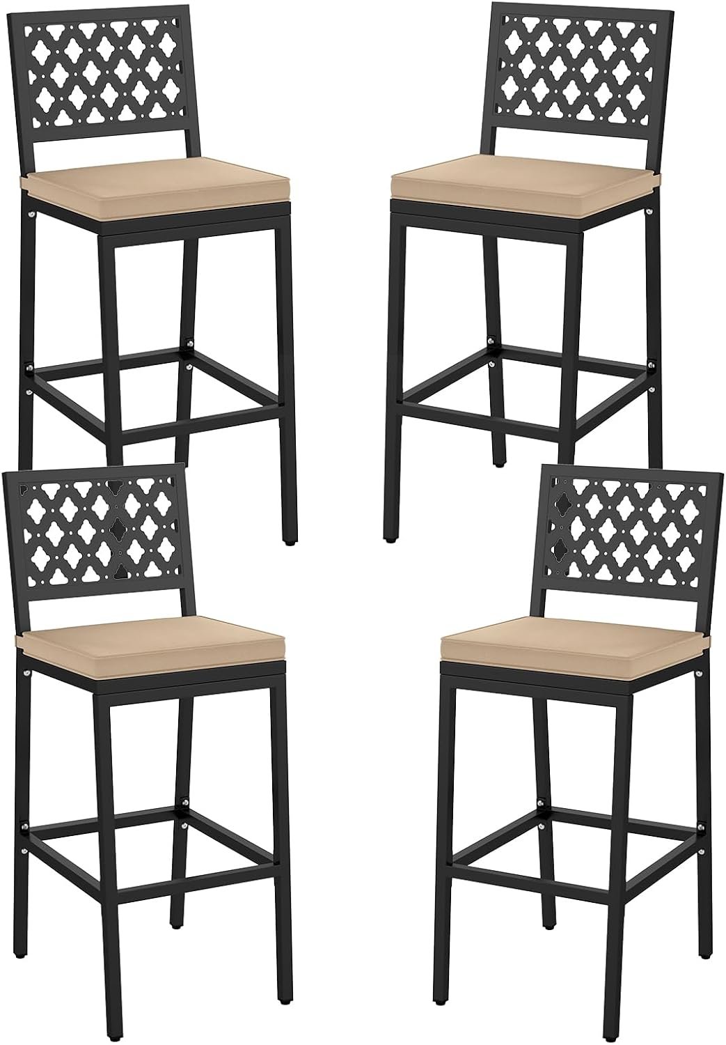 COSTWAY Outdoor Bar Chairs Set of 4 with Heavy-Duty Metal Frame and Cushion | Armless Counter Height Bar Stools with Removable Cushions, Ergonomic Backrest and Footrest, for Deck Patio Poolside Backyard