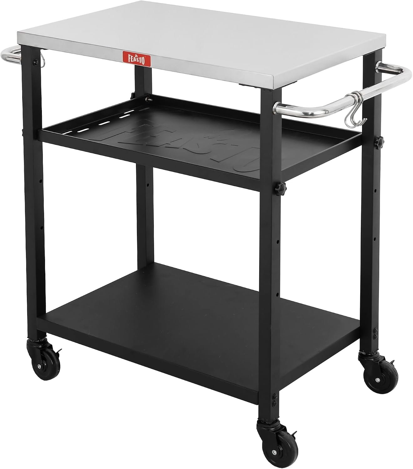 Feasto 3-Tier Outdoor Grill Cart, 26.6″ x 16.1″ Rolling Pizza Oven Table | Compact Stainless Top for Pizza Ovens & Griddles, Outdoor Bar Cart with S-Hooks for Patio Parties, Deck Dining & Camping
