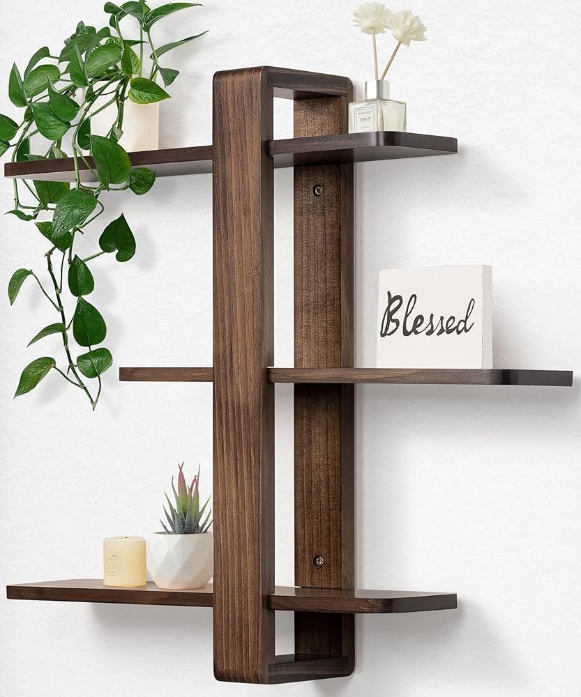 SUMGAR Floating Shelves for Wall Walnut Shelf Unit Mid Century Modern Decor | 3 Tier 20in Adjustable Shelving, Decorative All Pine Wood Storage, for Living Room, Bedroom, Bathroom, Plant Photo Display