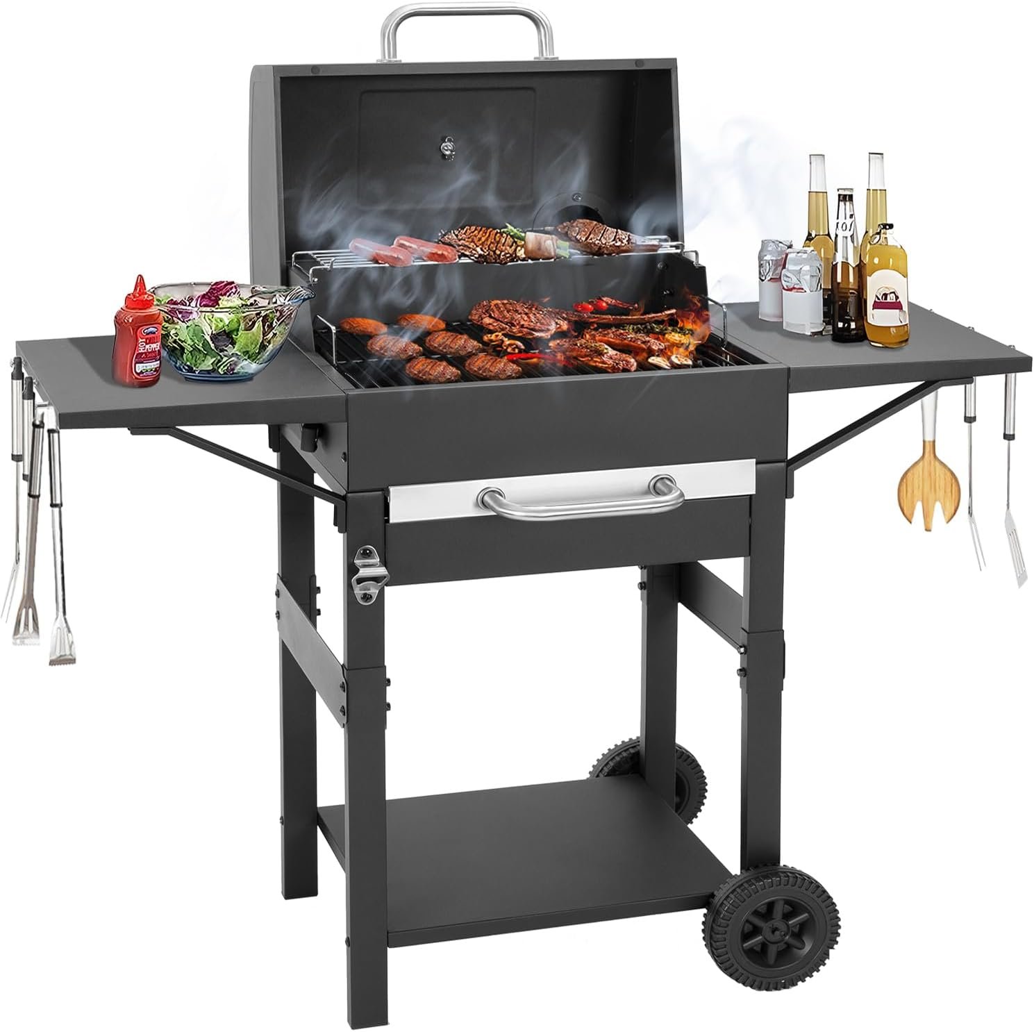 Kendane Charcoal Grill with Side Shelf, 353 Sq.Inch Cooking Area,Large Smoker Barbecue Grill with Warming Rack,Outdoor BBQ Grill with Charcoal Tray for Yard, Camping, Picnic