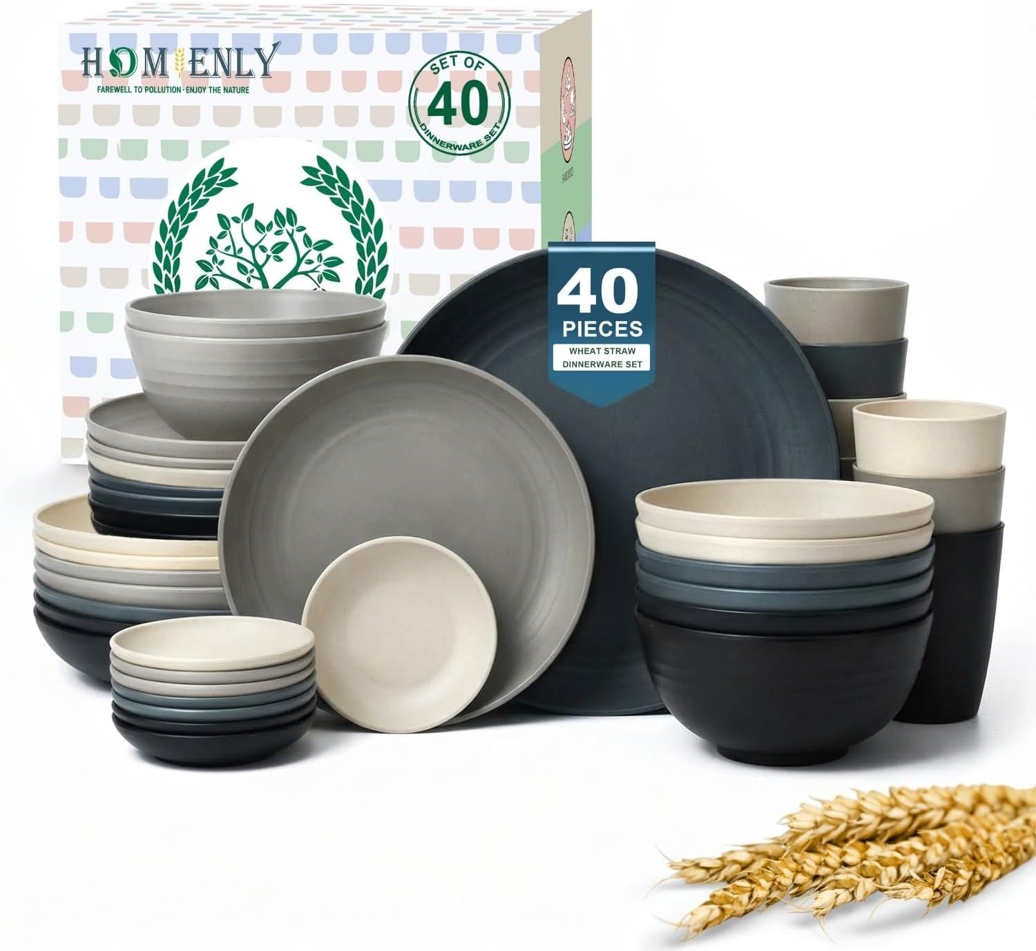 Homienly 40 PCS Wheat Straw Dinnerwave Sets for 8 Unbreakable Plates and Bowls Sets with Cups & Saucers, Microwave Dishwasher Safe Dishes Sets for Kitchen, Camping, RV, Party, Stackable (Gery Stone)