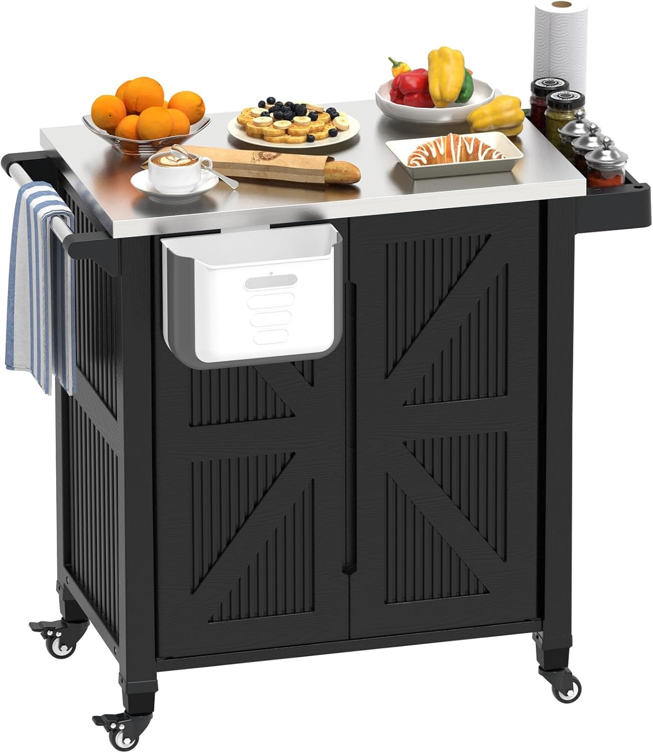 Outdoor Grill Cart with Stainless Steel Tabletop, Outdoor Kitchen Island with Storage Cabinet, Grill Cart with Folding Trash Can, 4 Wheels (2 Lockable) for Patio, Backyard, Garden and Poolside