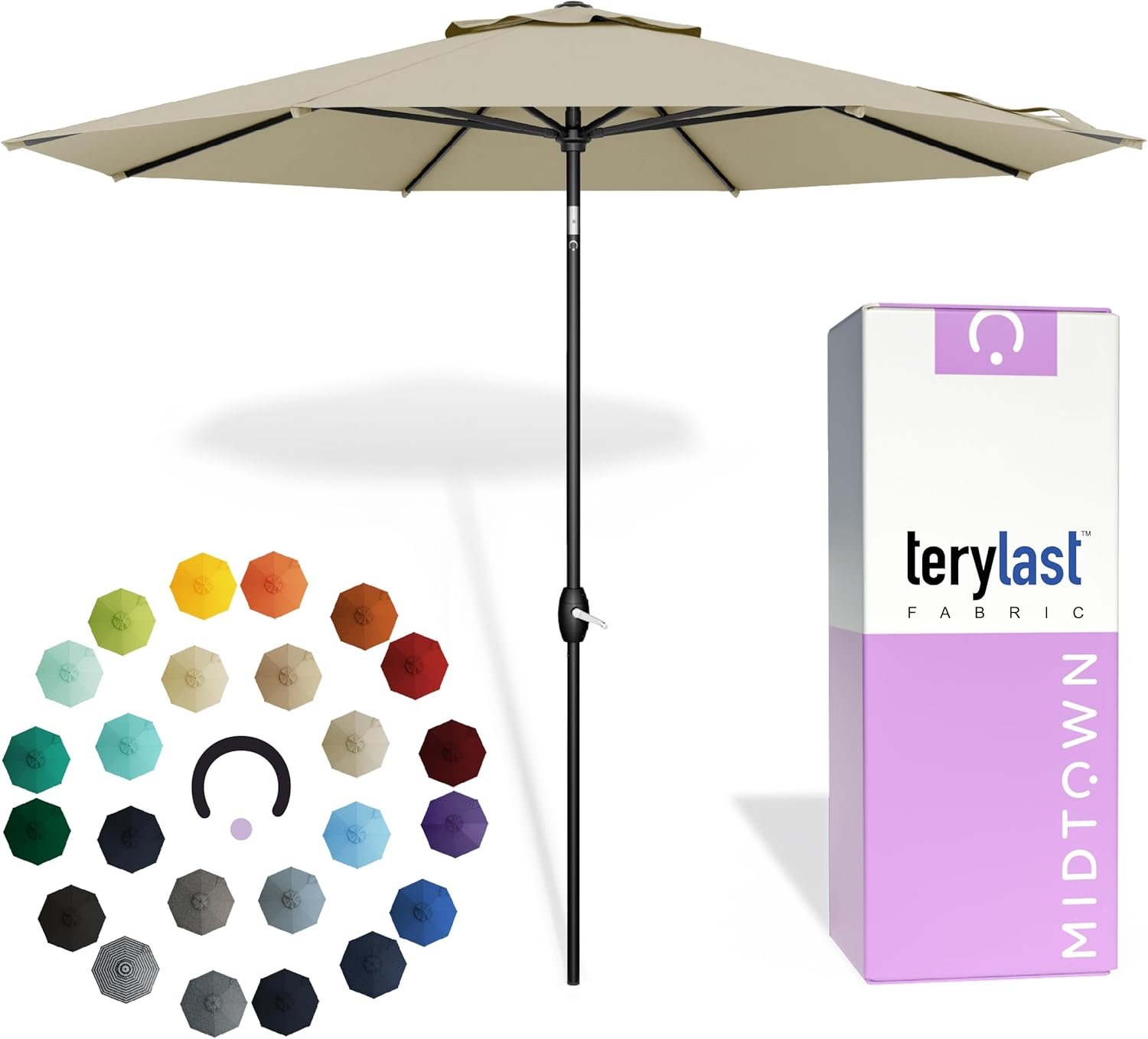 Midtown Umbrellas – 10-Year-No-Fade 9 Ft Patio Umbrella with Terylast Fabric, Auto-Tilt Aluminum Frame and 8 Reinforced Ribs for Deck, Pool, Garden & Beach – Chestnut Beige Canopy, Black Pole
