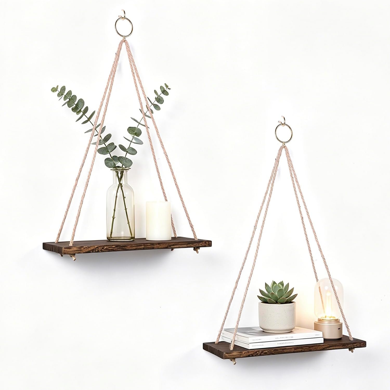 Hanging Wall Shelves, Set of 2 (Medium), Boho Style, Triangular, Wood Finish, Wall Mount, 2 Shelves, Living Room, Bedroom, Bathroom, Kitchen
