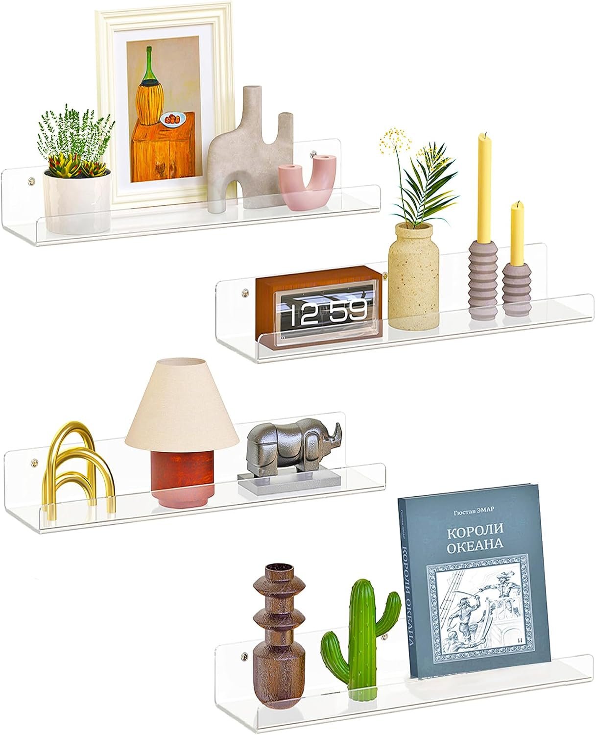 Dooiclear 4 Pack Floating Shelves for Wall, 15″ Clear Floating Wall Shelf | Acrylic Book Shelf, Display Shelves Organizer for Bathroom, Classroom, Bedroom, Living Room, Kitchen, Room Decor