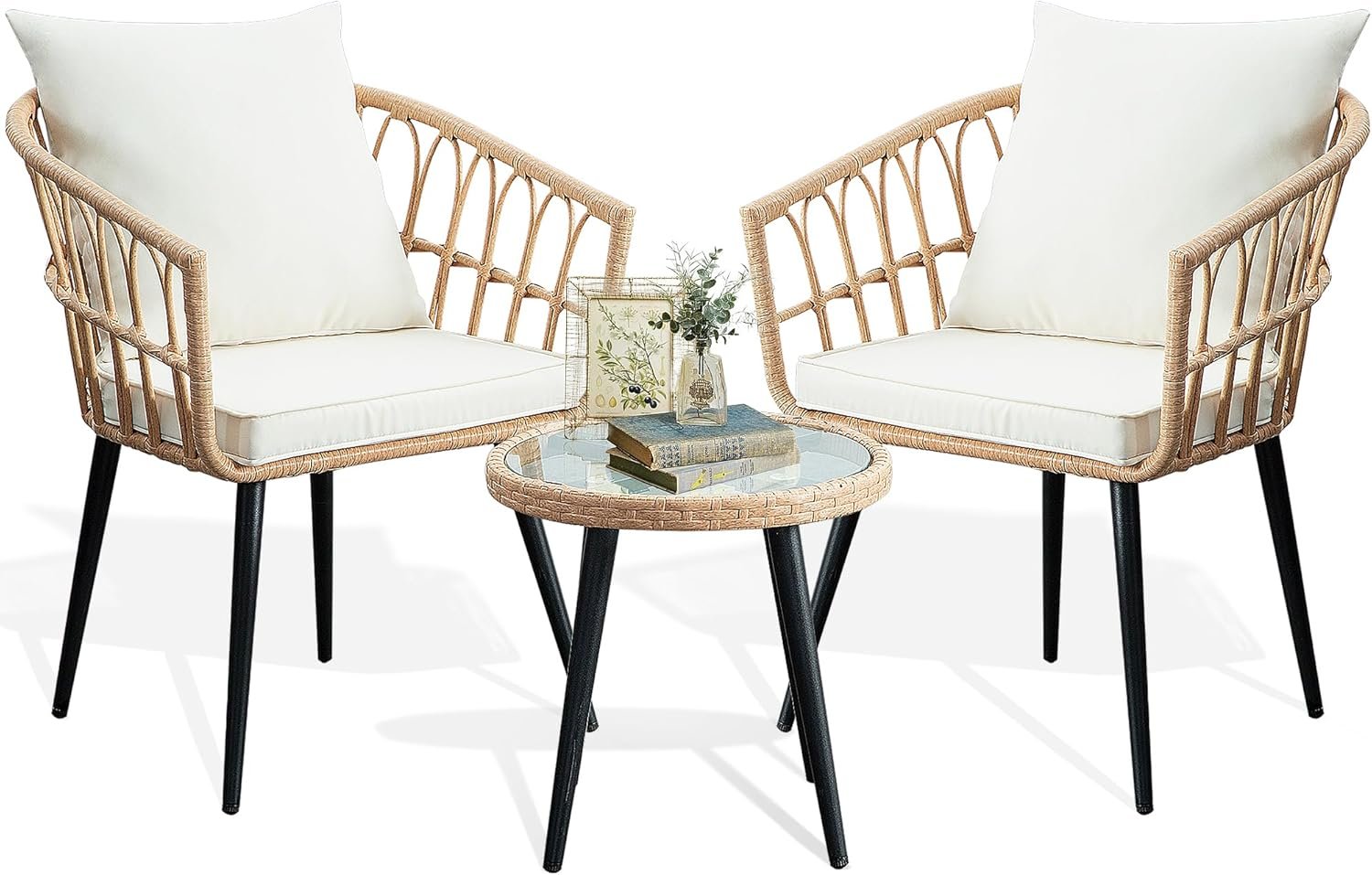 PORWEY 3 Piece Patio Bistro Set, Outdoor Wicker Balcony Furniture Sets | Rattan Table and Chairs Set of 2 for Porch Backyard Lawn Poolside Deck, Beige