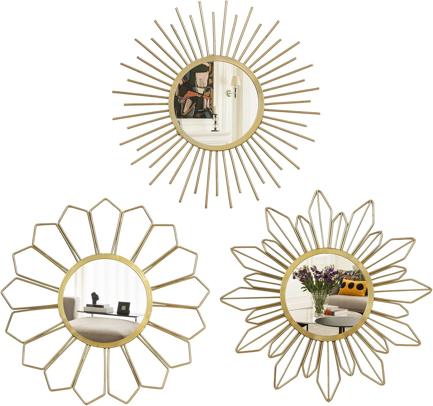 hogardeck Metal Mirrors Wall Decor – 3 Pcs 11″ Metal Sunburst Flower Wall Mirrors Home Décor, Decorative Hanging Wall Art for Living Room, Bedroom, Kitchen, Bathroom, Entryway