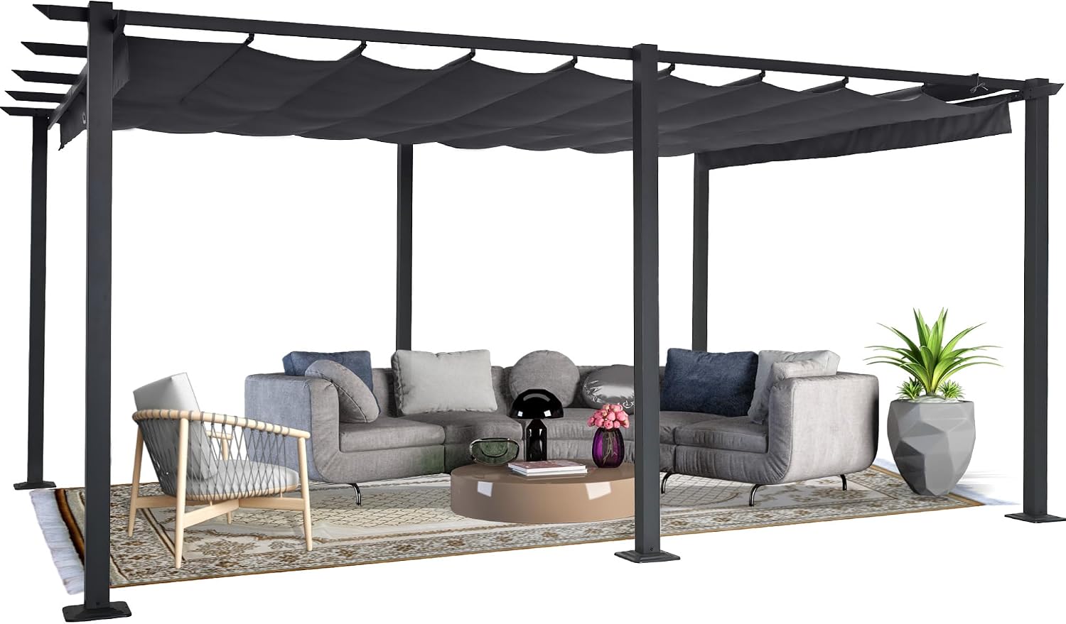 HAPPATIO 12′ X 16′ Outdoor Pergola Retractable Pergola Canopy for Deck, Backyard, Patio, Aluminum Frame with Sun Canopy, Includes Ground Studs and Expansion Screws (Grey)