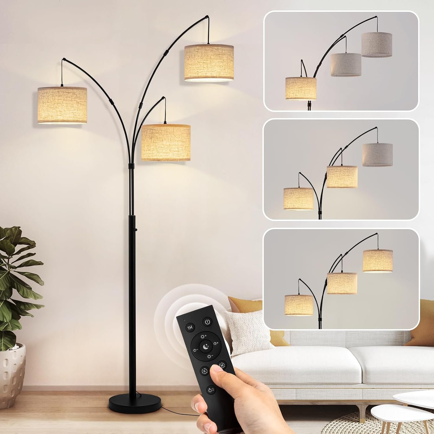 3 Light Arc Floor Lamp with Remote, Beige Shade Black Pole | 80″ Dimmable Floor Lamp, 2400LM Super Bright, Independently Controlled 9W LED Energy-Saving Light Bulb, Memory Function