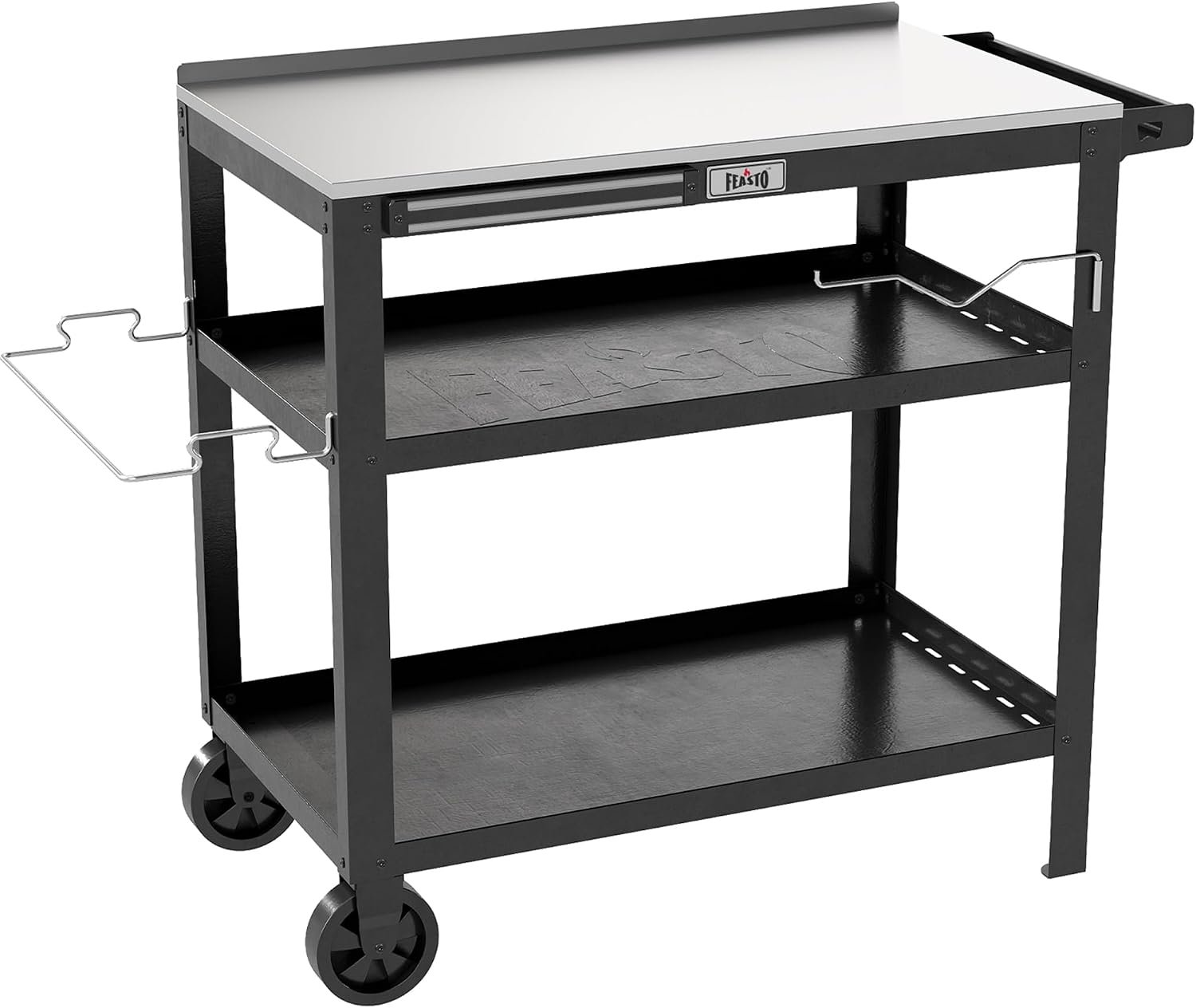 Feasto Outdoor Grill Table, Prep Table with Wheels, 31.5″x18″ | Seasoning Rack & Magnetic Tools Holder, Backyard BBQ Kitchen Food Prep Table for Portable Griddle & Pizza Oven