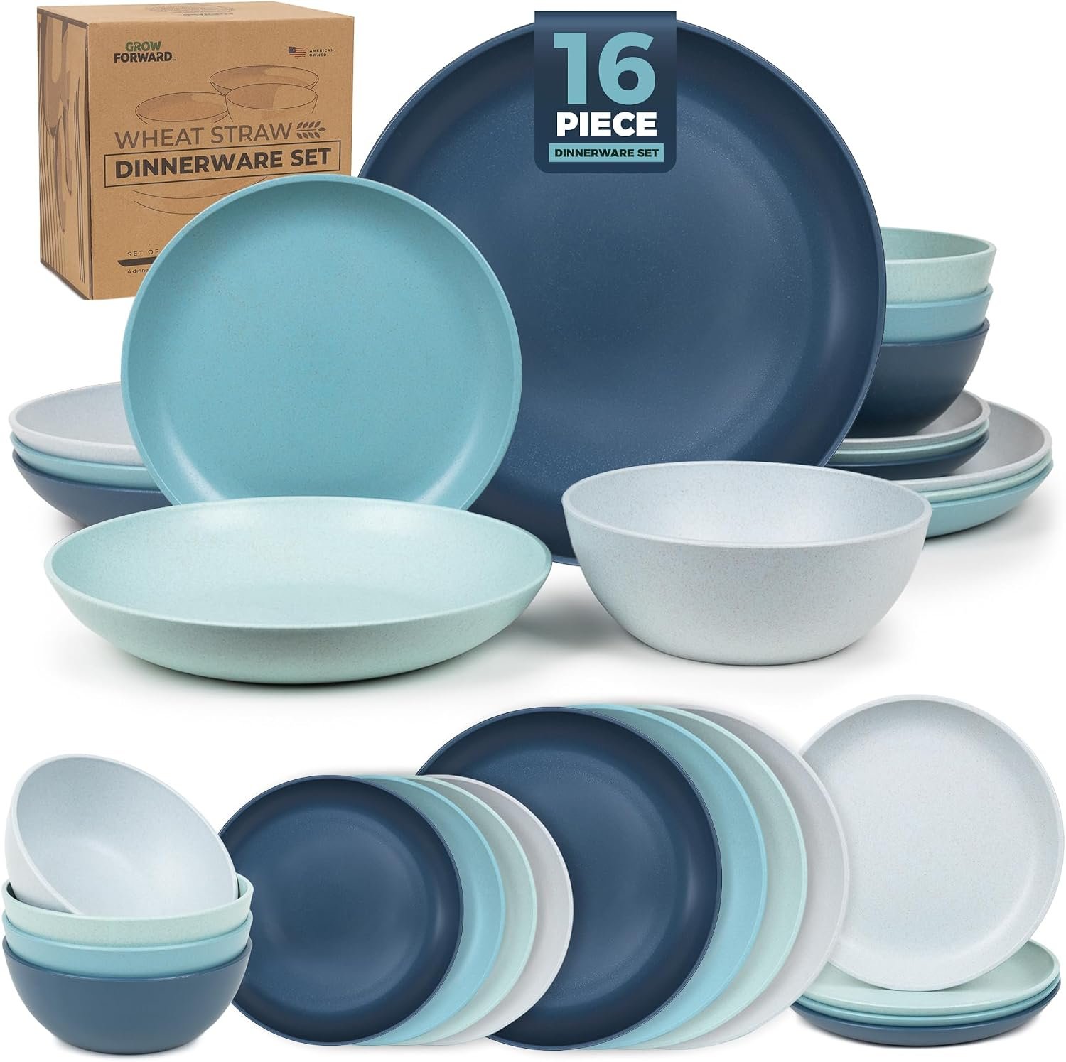 Grow Forward 16-piece Premium Wheat Straw Dinnerware Sets for 4 – Unbreakable Dishwasher & Microwave Safe Plastic Plates and Bowls Sets – Patio, Outdoors, RV, Camping Dishes – Seascape