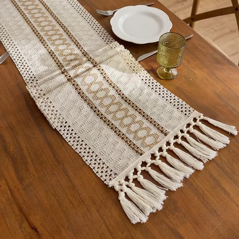 Boho Table Runner for Christmas ,Woven Cream & Brown Macrame Dining Table Runner Pottery Barn Farmhouse Rustic Burlap Home Chic Decor for Kitchen Bedroom Living Room New Year(12 x 70 in)