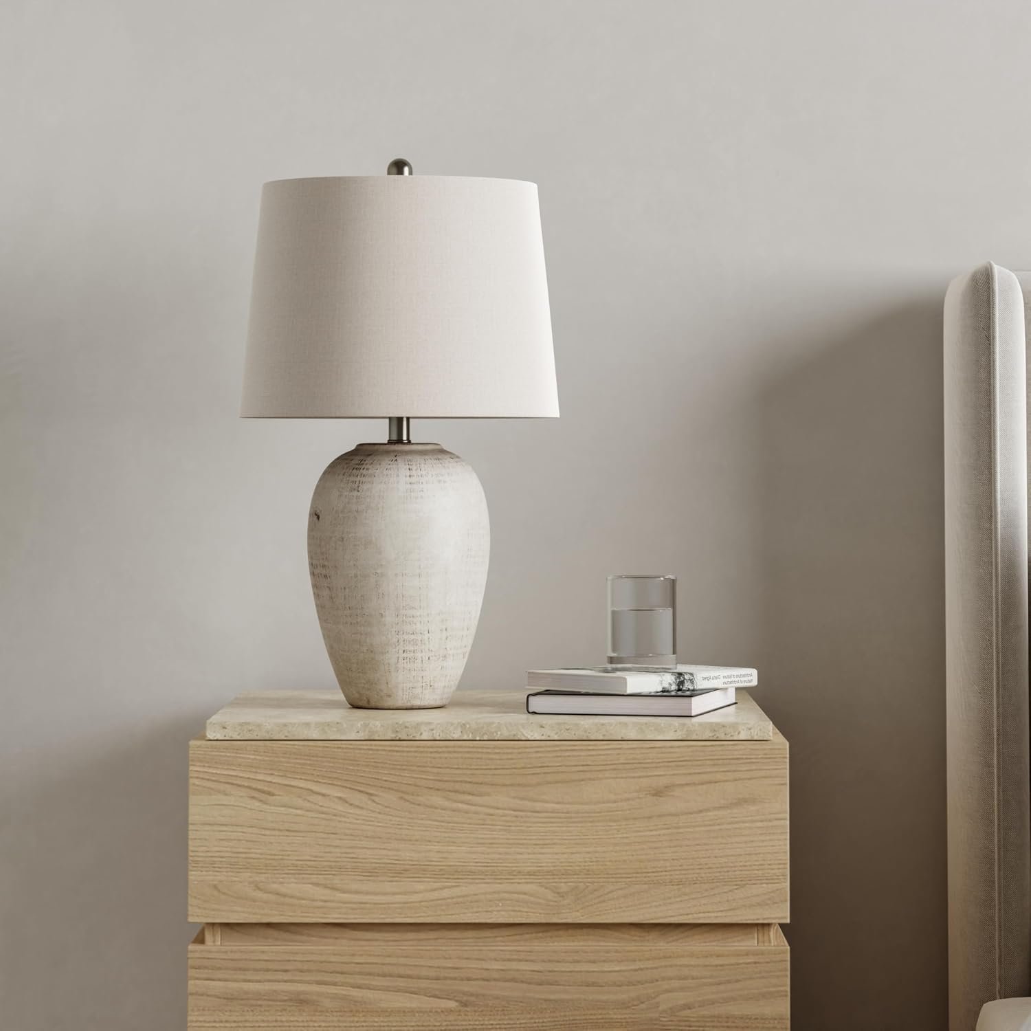 Nourison Home 23″ Distressed Cream/Beige Rustic Ceramic Jar Table Lamp for Bedroom, Living Room, Dining Office, with Ivory Shade