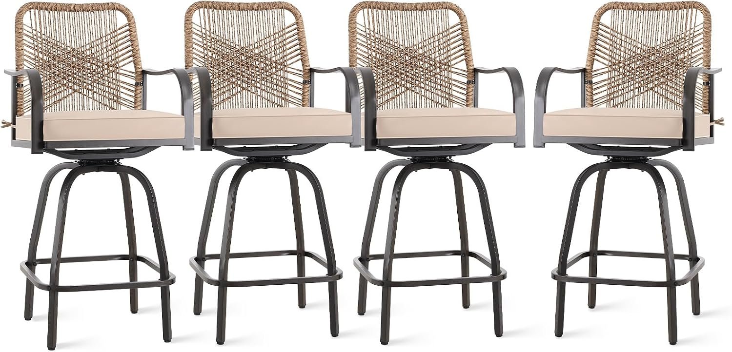 Outdoor Bar Stools Set of 4, 360° Swivel Metal Frame, Wicker Patio Bar Height Stools with Cushion, All-Weather Rattan Chair Design for Patio Backyard, Lawn Garden, Balcony, Poolside