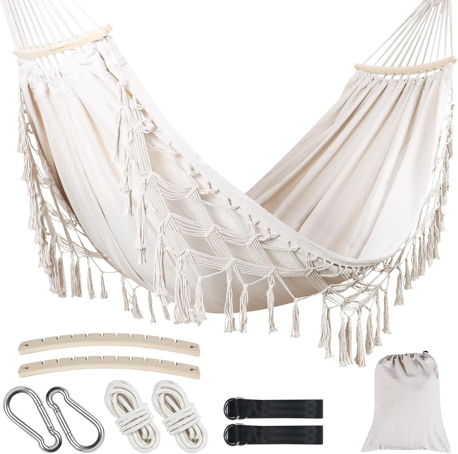 Portable Double Hammock, Hanging Hammock with Tassels and Fishtail Knitting, 550LB Capacity, 320GSM Hanging Bed with Set Full Accessories for Outdoor Camping Patio Balcony Beige