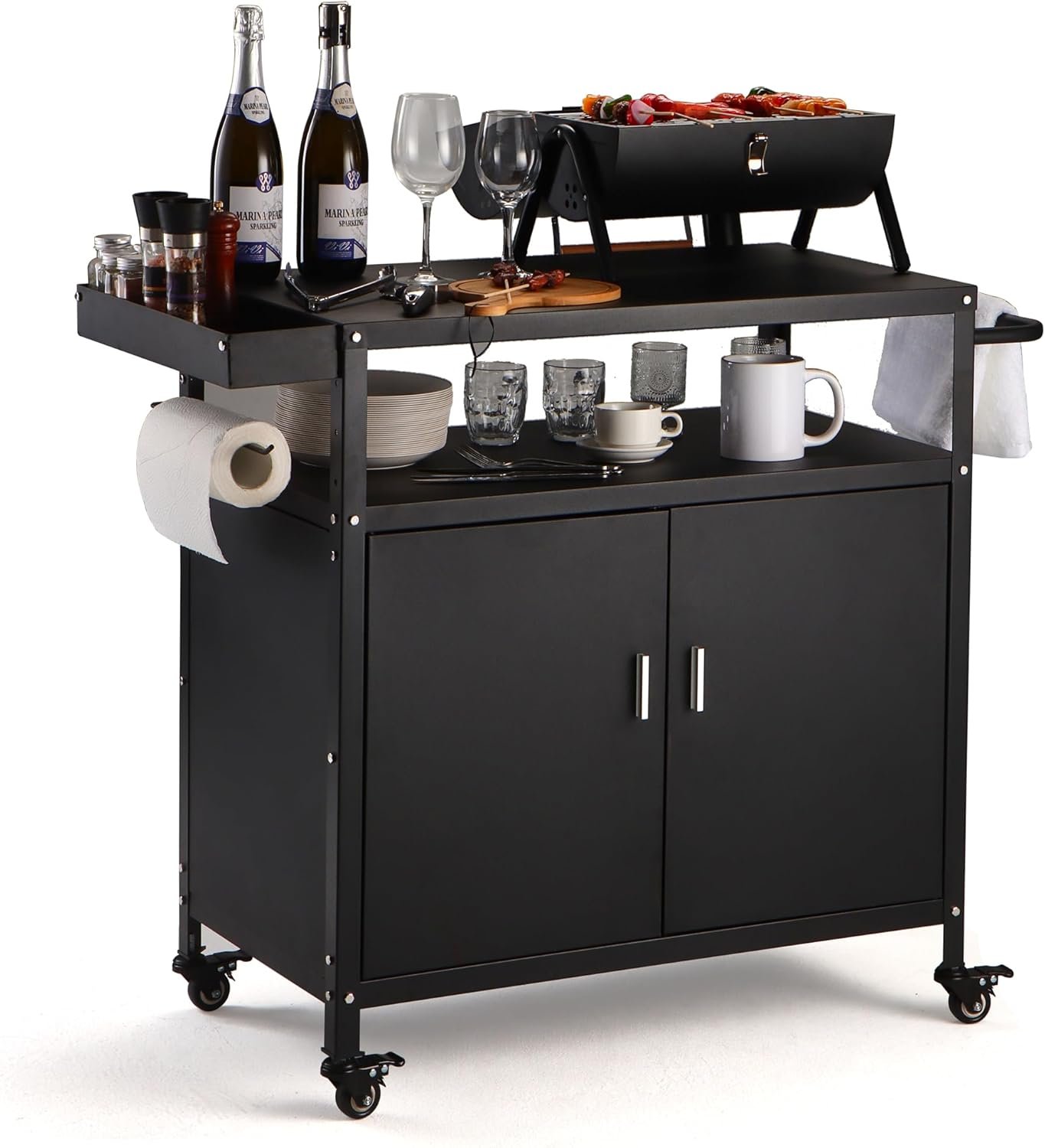 Grill Cart with Storage, Outdoor Rolling BBQ Prep Cart, Movable Pizza Oven Stand with Foldable Stainless Steel Tabletop & Large Storage Cabinet, Black (34.6 x 17.7 x 34.6 Inch)