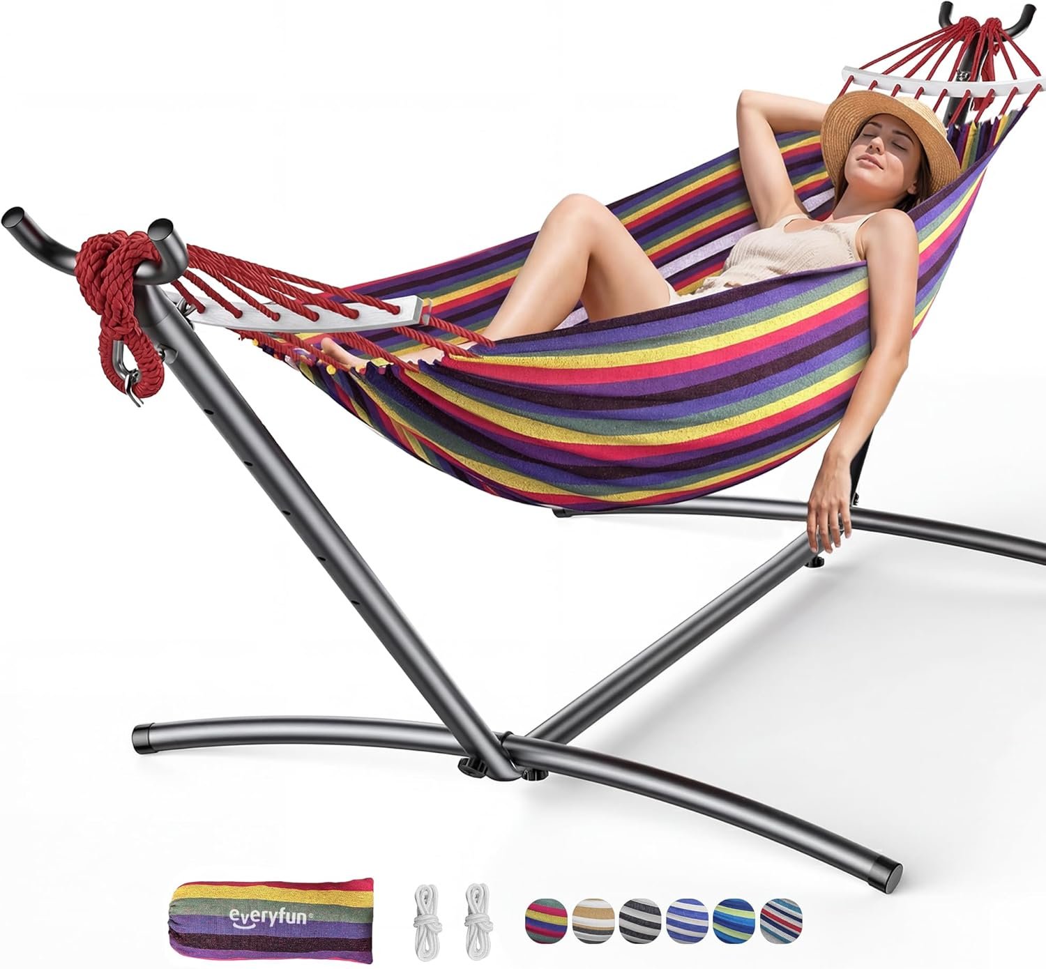 Everyfun Double Hammock with Stand, 2 Person Heavy Duty Hammock with Steel Stand, 600 lbs Capacity Cotton Hammock for Outdoor Indoor Patio Yard, Portable with Carrying Bag, Tool-Free 10-Min Assembly