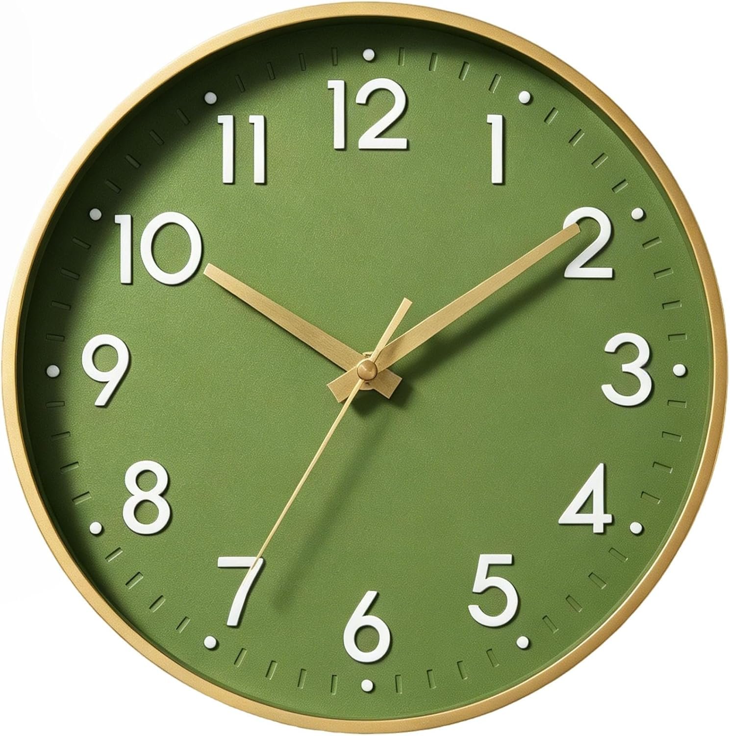 Mosewa Small 8 Inch Wall Clock Battery Operated Silent Non Ticking Analog | Olive green & gold modern clock; oversized 3D easy-read dial for kitchen, bedroom & office; 1 AA battery (not included)