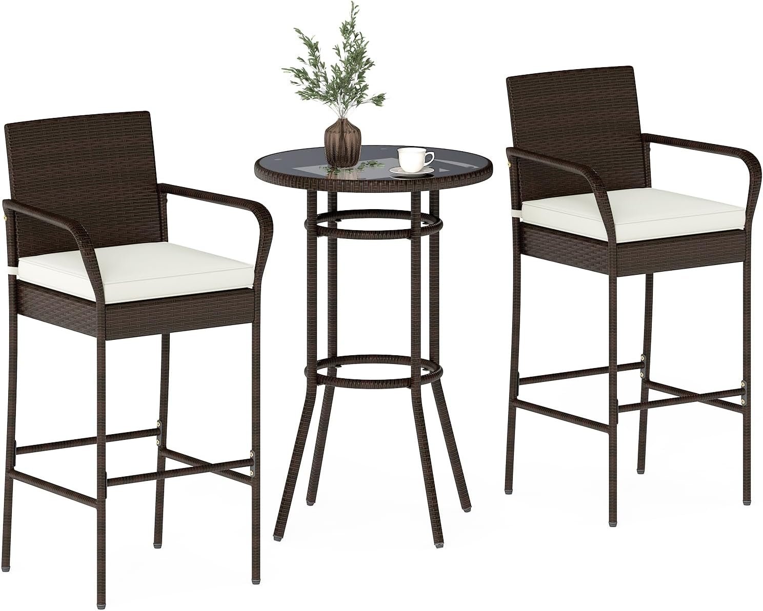 Tangkula 3 Piece Outdoor Bar Set, Patio Rattan Heavy Duty Bar Height Glass Top Table & Chairs w/ 2 Cushioned Barstools, for Porch, Yard, Poolside