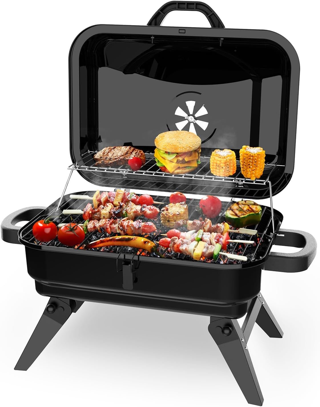 BBQCuker Portable Charcoal Grill with Warming Rack, Small Tabletop Barbecue Grill, Foldable Legs, Adjustable Vent, Total 343 Sq. In.Cooking Space, Outdoor BBQ Grill for Camping and Picnics (Black)