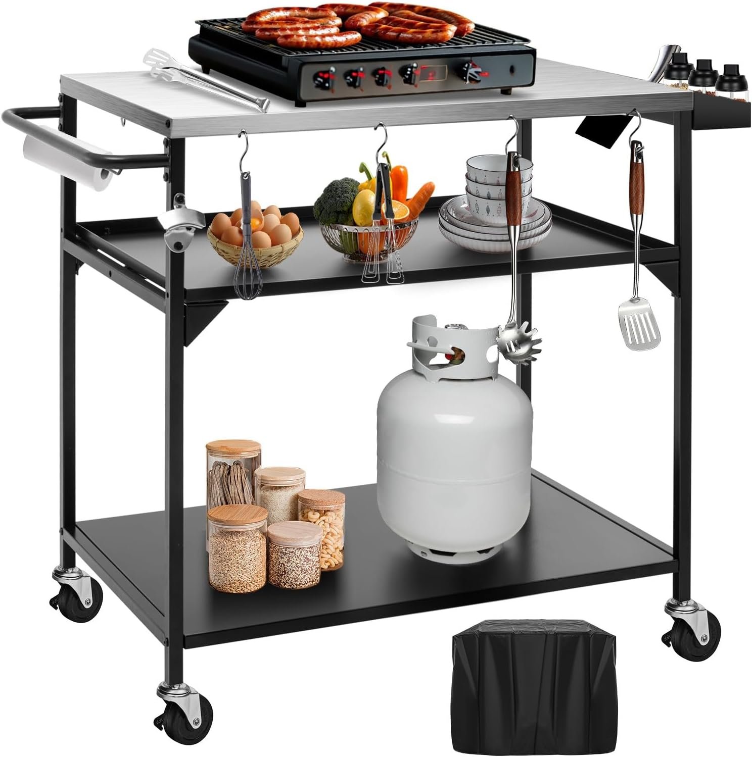 Outdoor Pizza Oven Table, Outdoor Grill Table with Waterproof Cover, Movable Dining Cart Tables with Wheels, Kitchen Cooking Prep Tables BBQ Cart for Home Party, Bar,Camping
