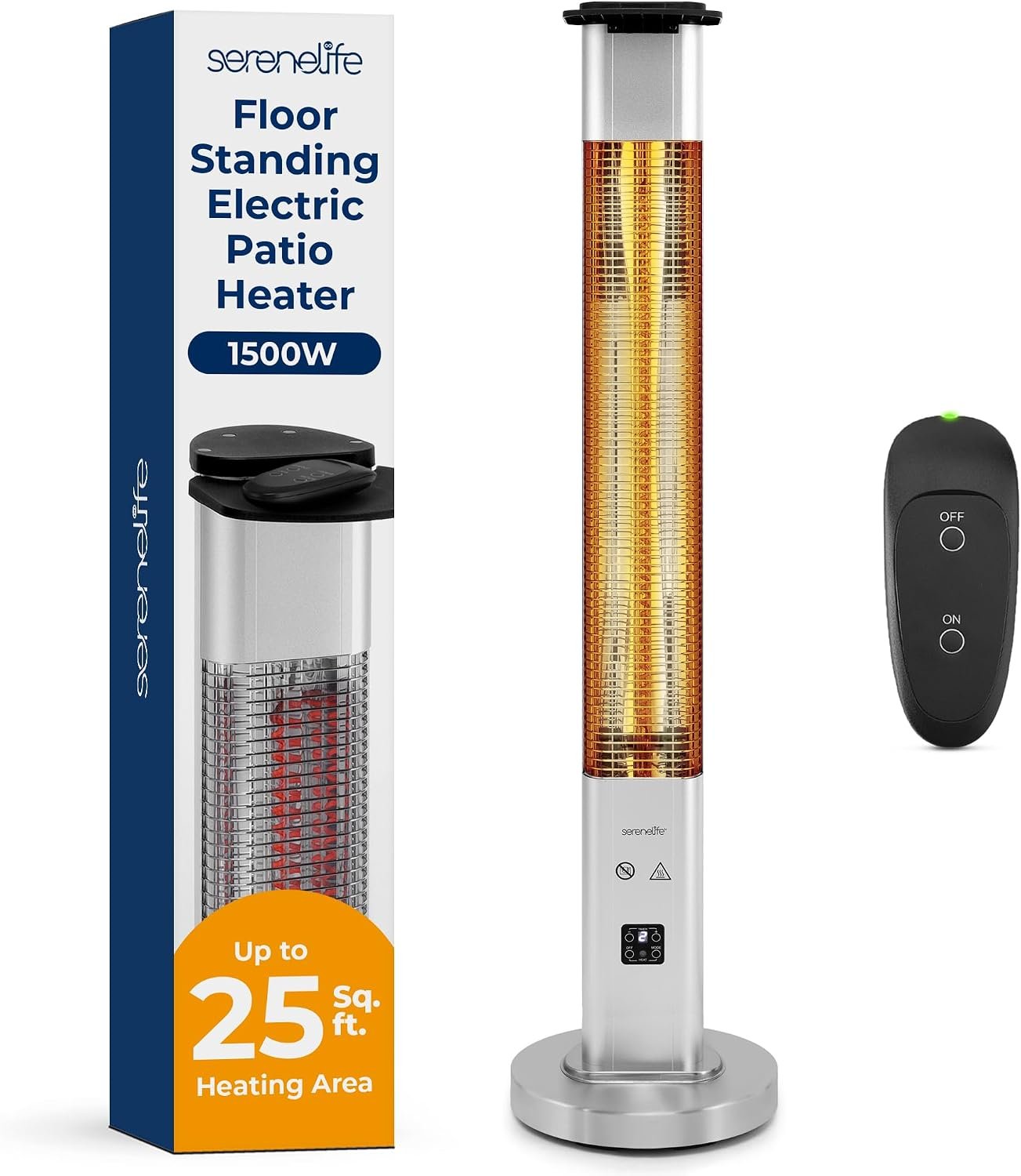 SereneLife Outdoor Electric Patio Heater – 1500W High-Efficiency Infrared Heating, Remote Control Standing Heater with Aluminum Reflector, Waterproof Design, IP65 Approved, Quiet Operation