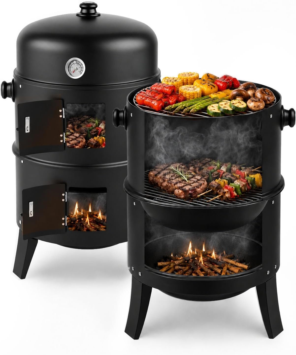 VINGLI 18 Inch Multi-Layer Charcoal BBQ Smoker Grill, Heavy Duty Round Grill, Vertical Smoker with Thermometer, for Outdoor Cooking, Patio, Parties, Backyard