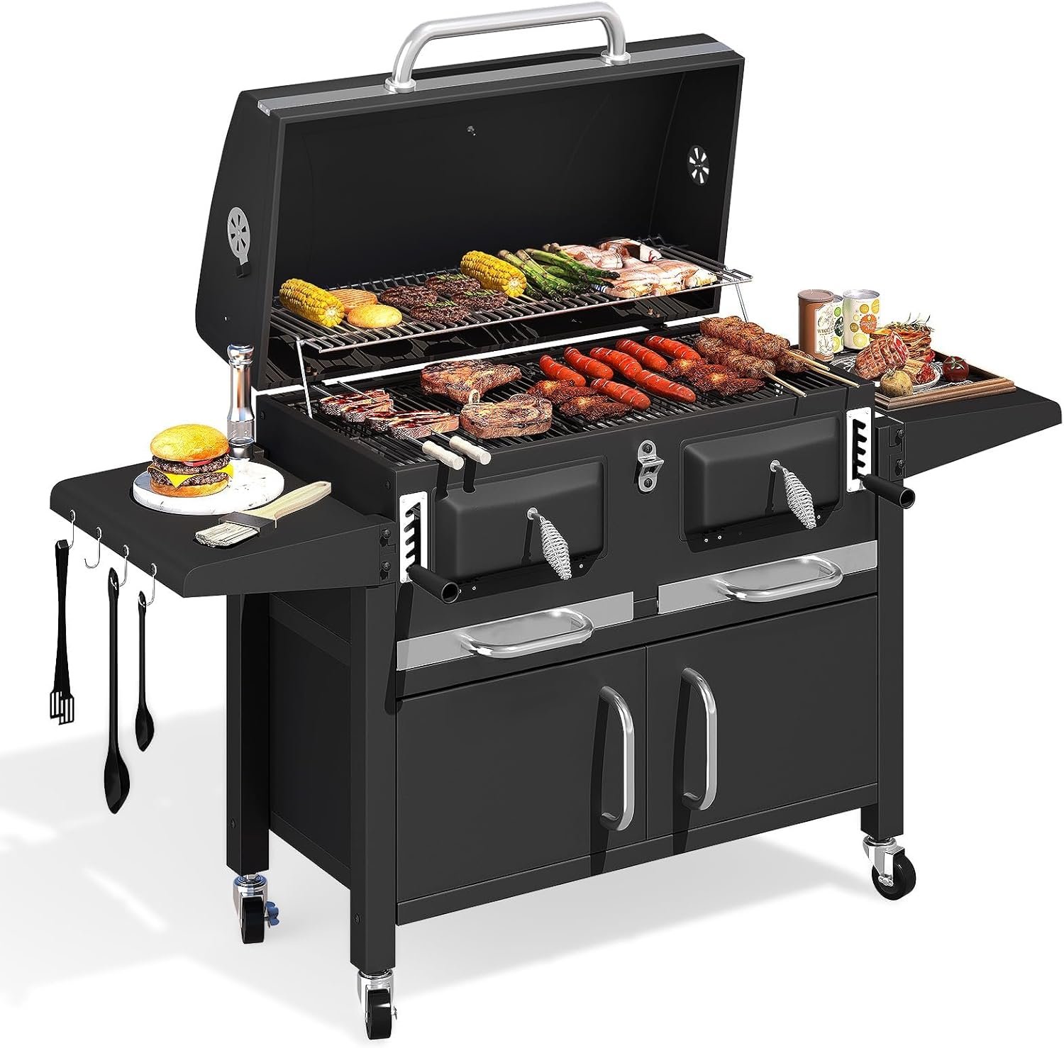 MELLCOM 36 In Large Charcoal Grills – 620 Sq.In Oversized BBQ Area with Storage Cabinet & Individual Lifting Charcoal Trays, Foldable Side Tables and Thermometer for Outdoor, Patio, Balcony