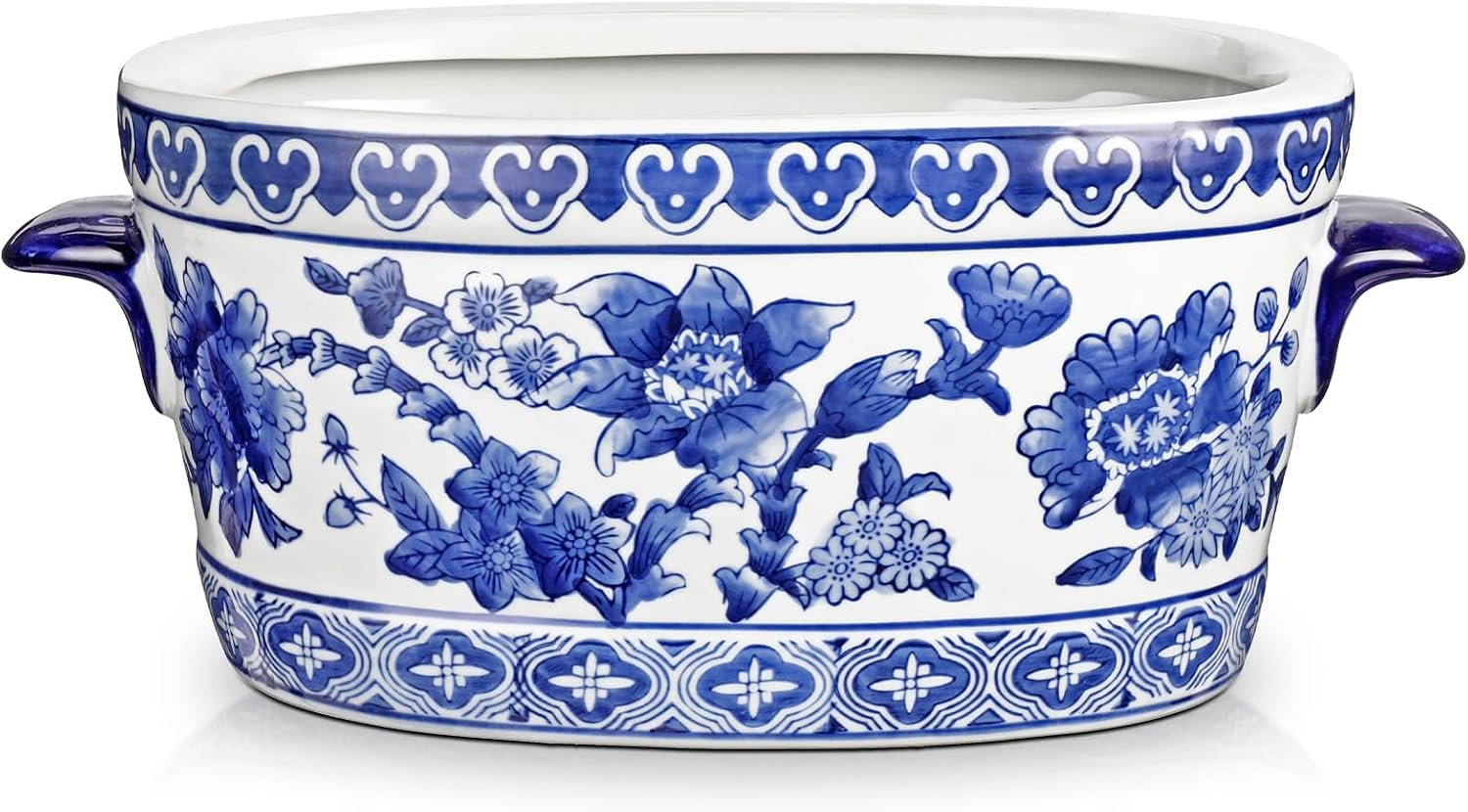 Blue and White Ceramic Planter Pot – Vintage Floral Oval Cachepot Vase for Indoor Plants, Flowers & Succulents – Glazed Chinese Porcelain Style Decorative Bowl –10.6″ Size – No Drainage